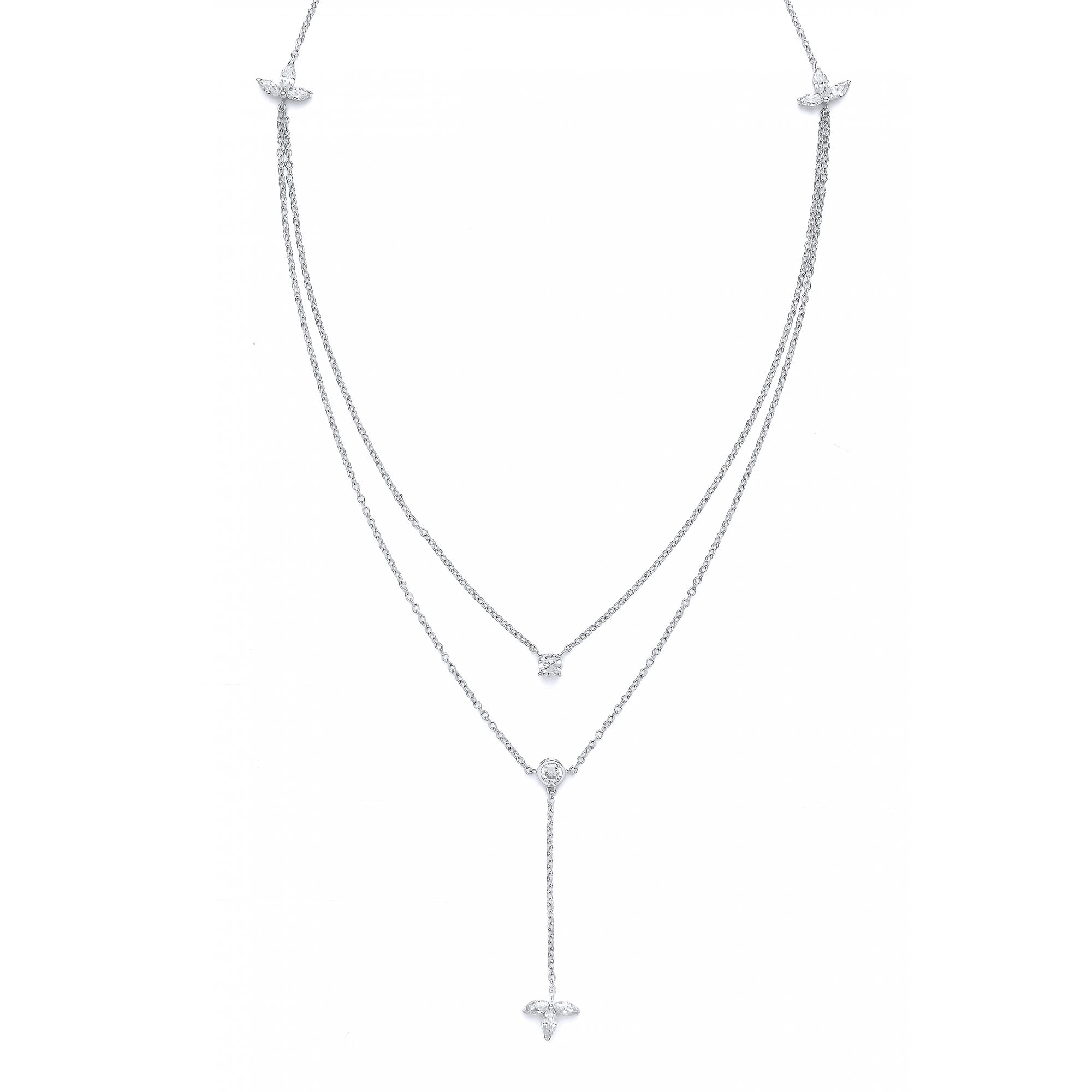 925 Sterling Silver Double Chain Necklace w/ CZ Leaf Charms