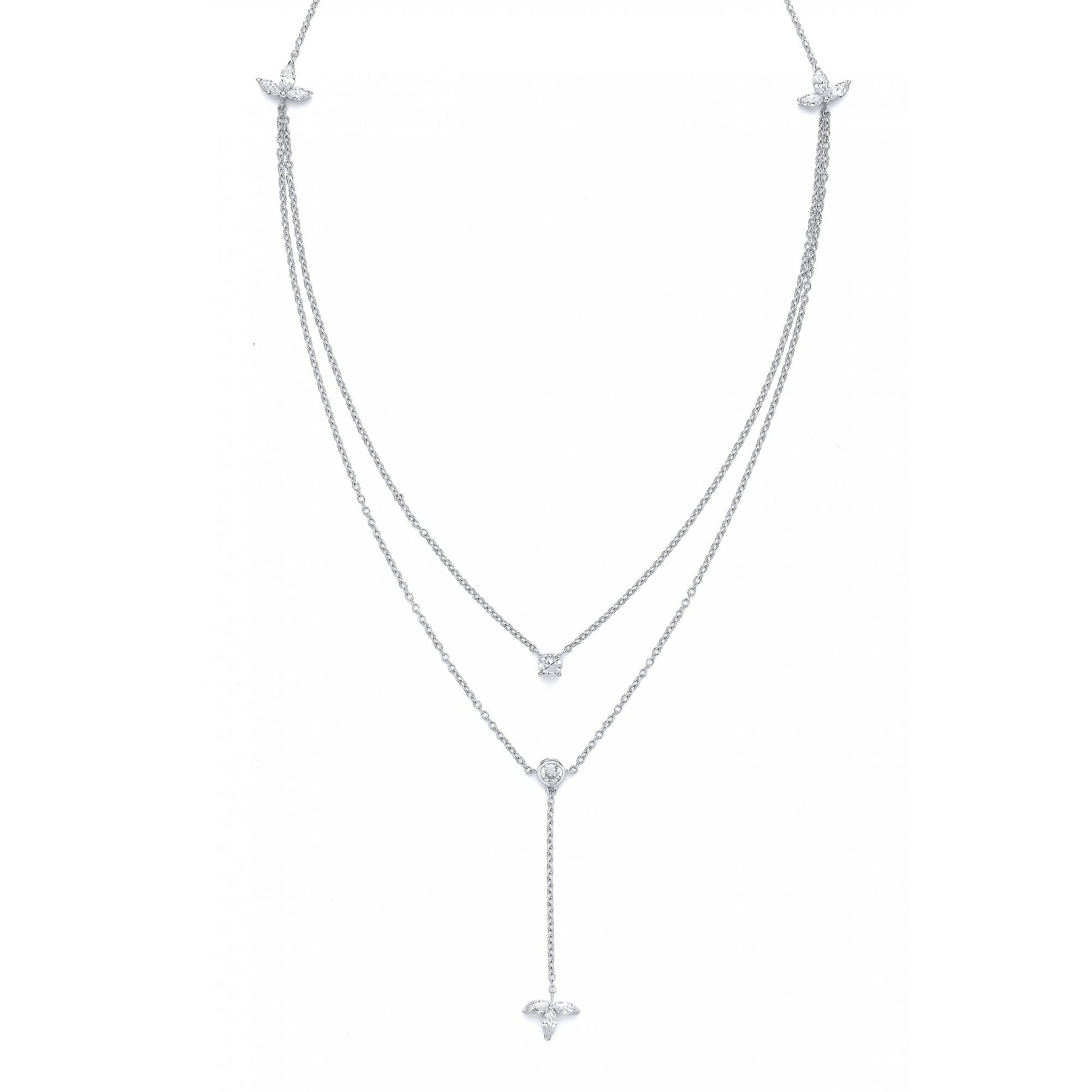 925 Sterling Silver Double Chain Necklace w/ CZ Leaf Charms