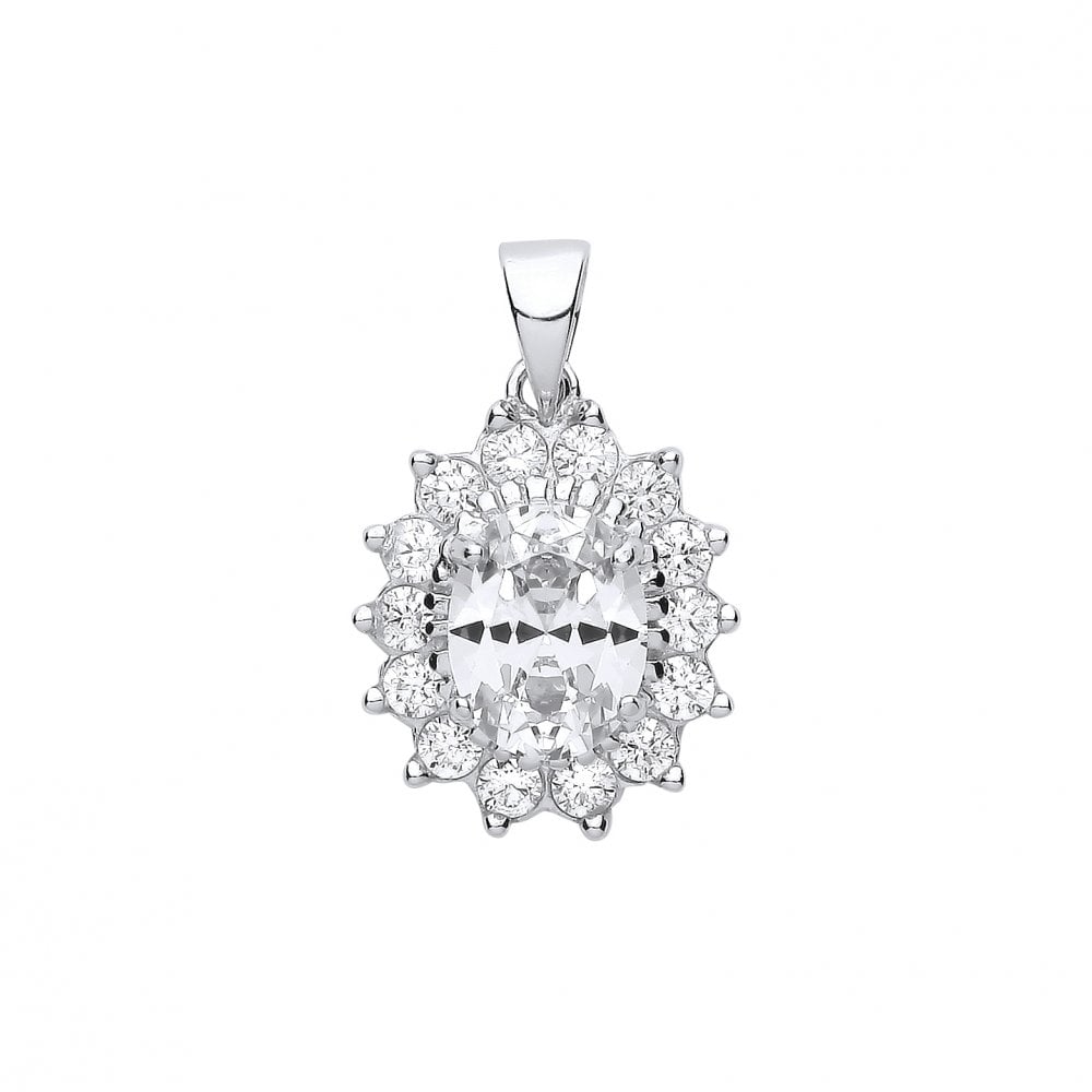 925 Sterling Silver CZ Cluster Pendant With A Oval Stone Centre