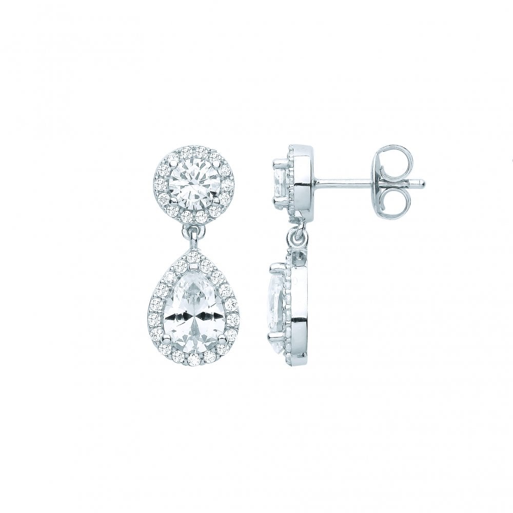 Silver CZ Round & Pear Shape Drop Earrings