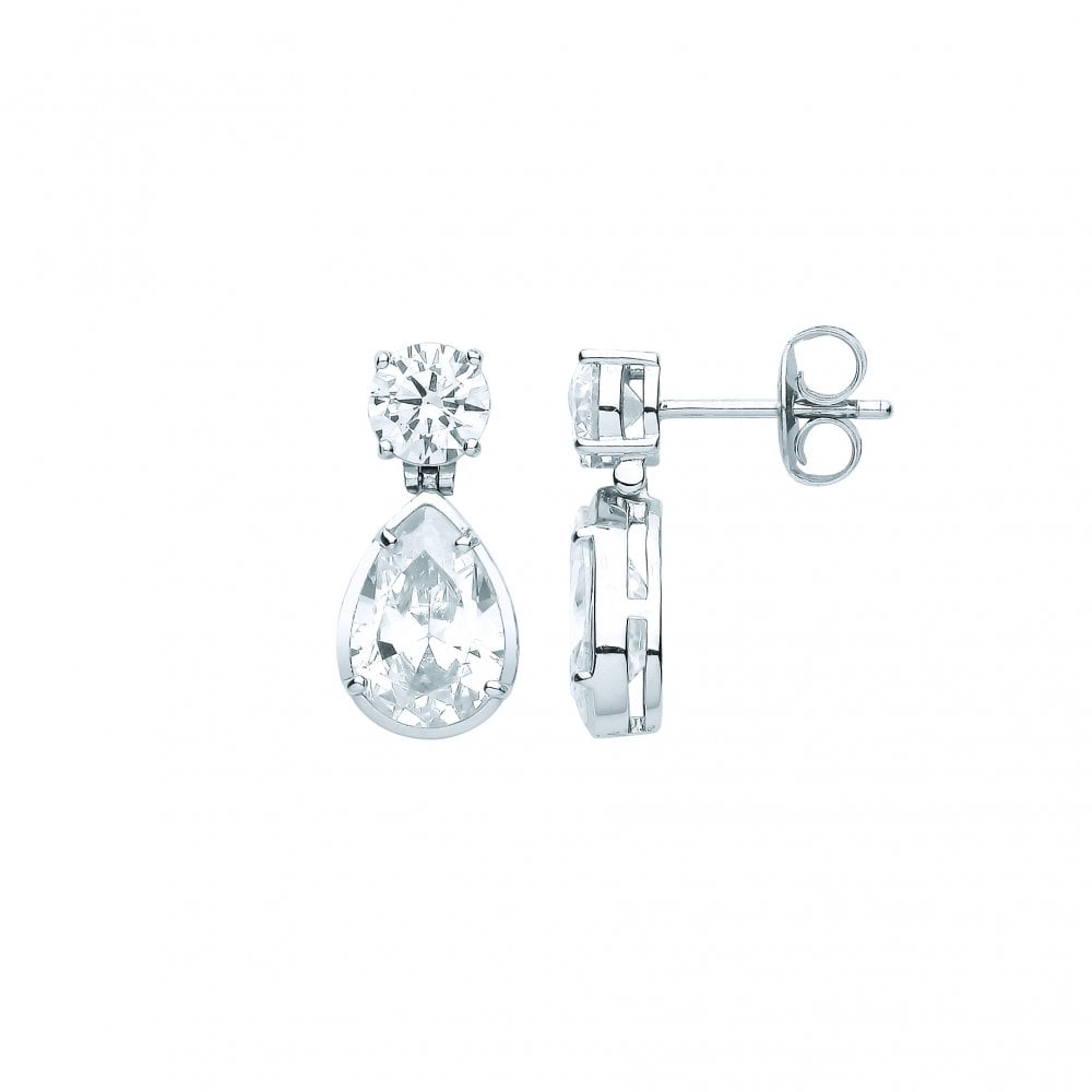Silver CZ Round & Pear Shape Drop Earrings