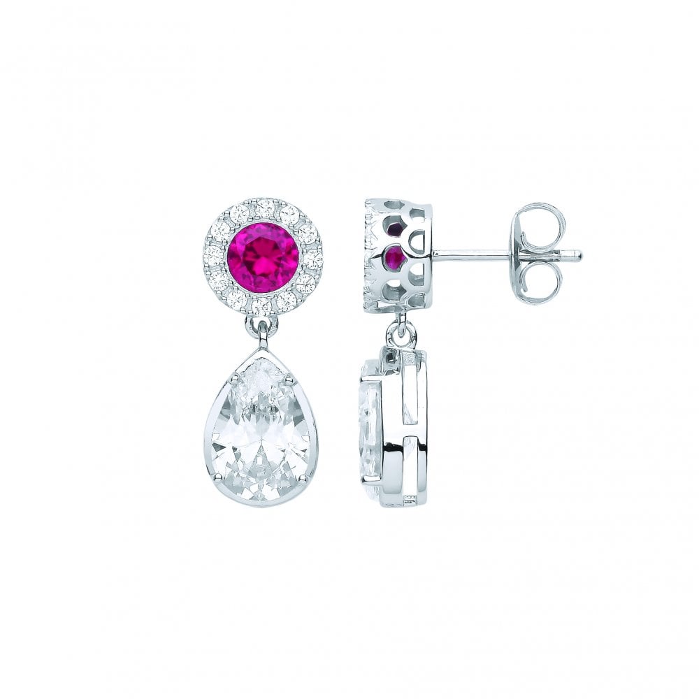 Silver CZ & Ruby Round & Pear Shape Drop Earrings