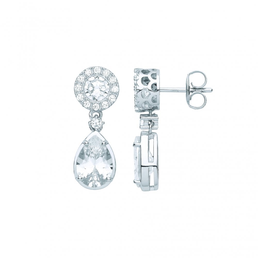 Silver CZ Round & Pear Shape Drop Earrings