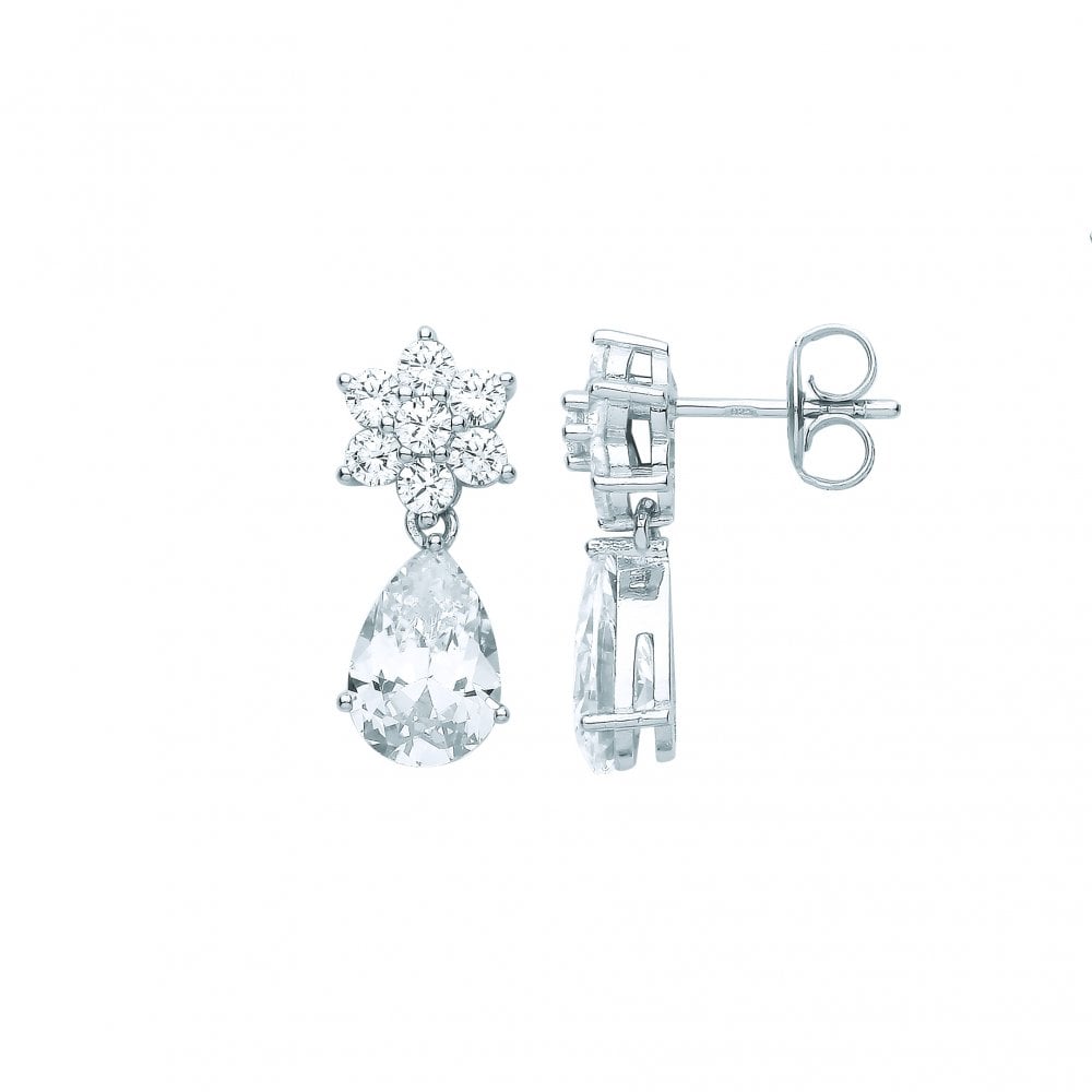 Silver CZ Flower & Pear Shape Drop Earrings