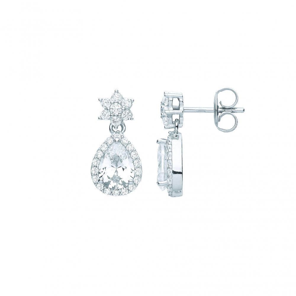 Silver CZ Flower & Pear Shape Drop Earrings