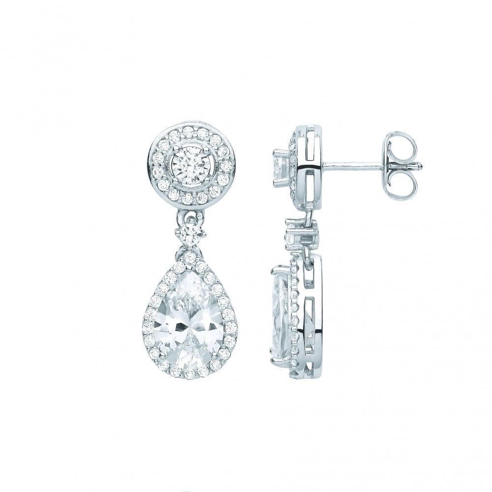 Silver CZ Round & Pear Shape Drop Earrings
