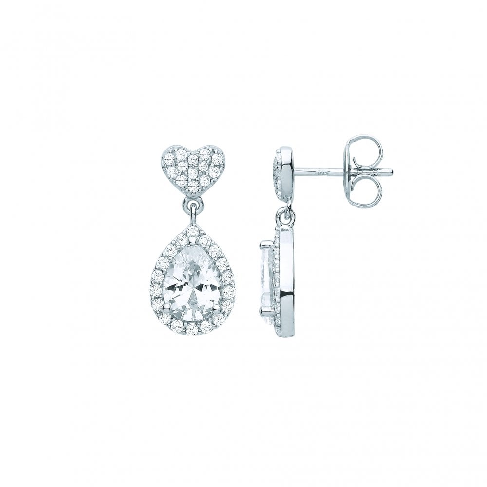 Silver CZ Heart & Pear Shape Drop Earrings