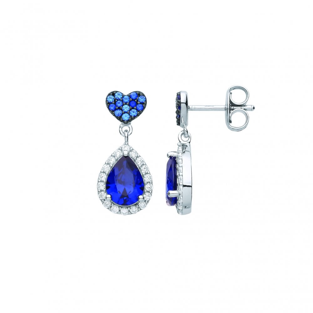 Silver CZ & Sapphire Heart & Pear Shape Drop Earrings