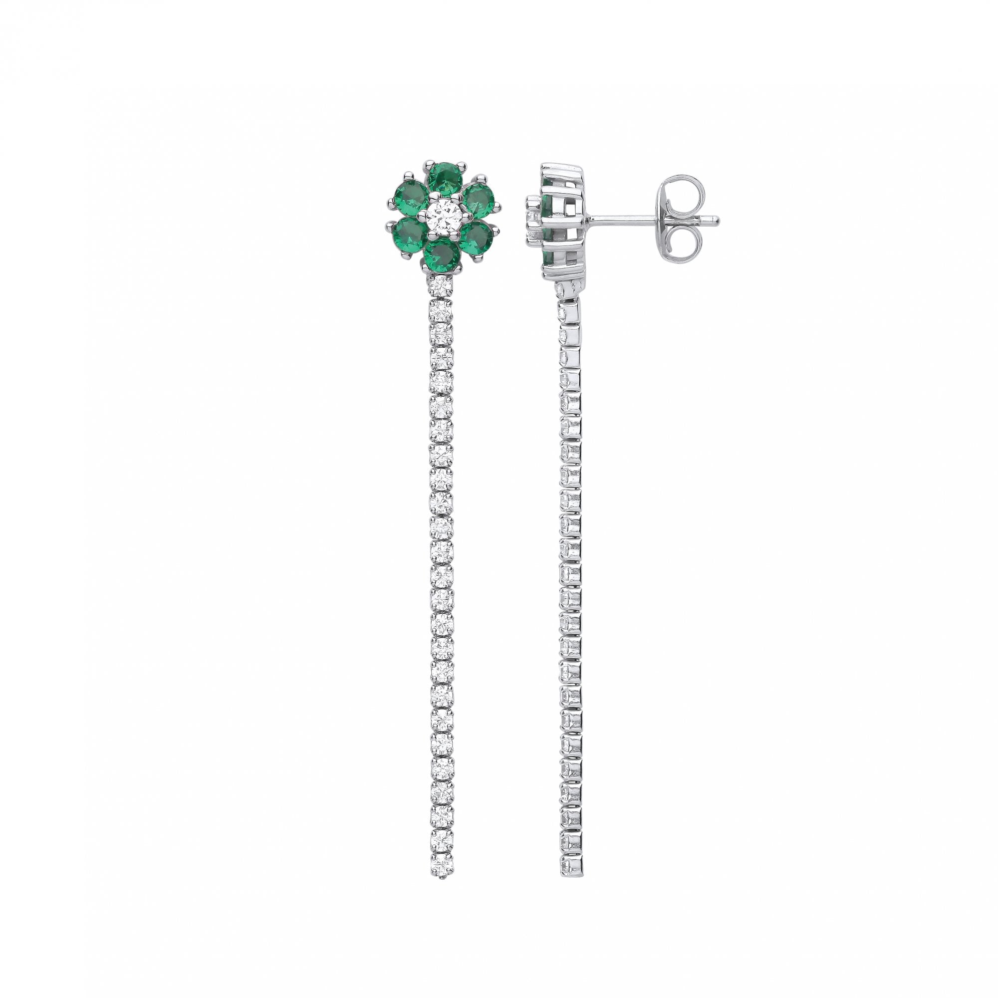 Silver CZ & Emerald Chain Line Drop Earrings