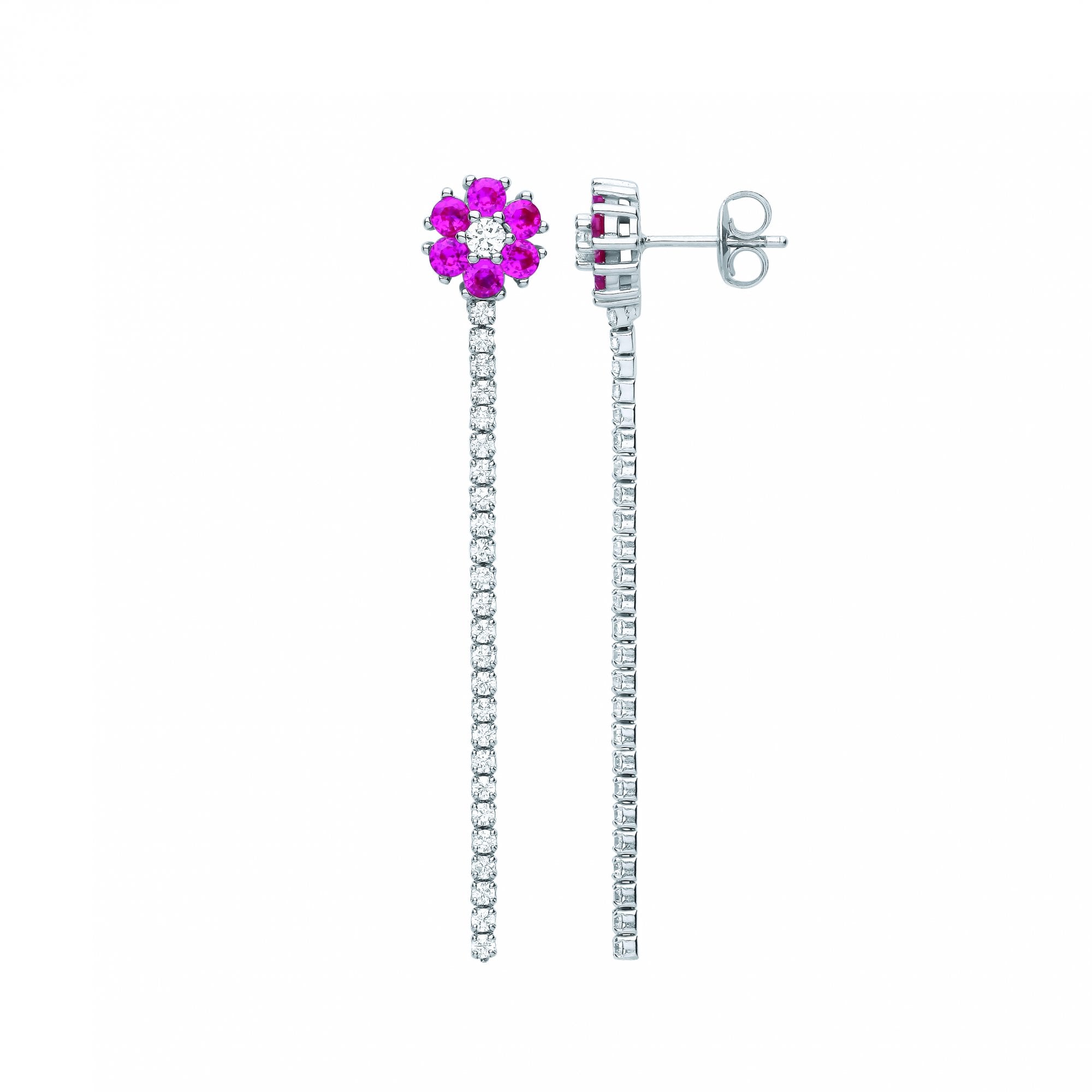 Silver CZ & Ruby Chain Line Drop Earrings