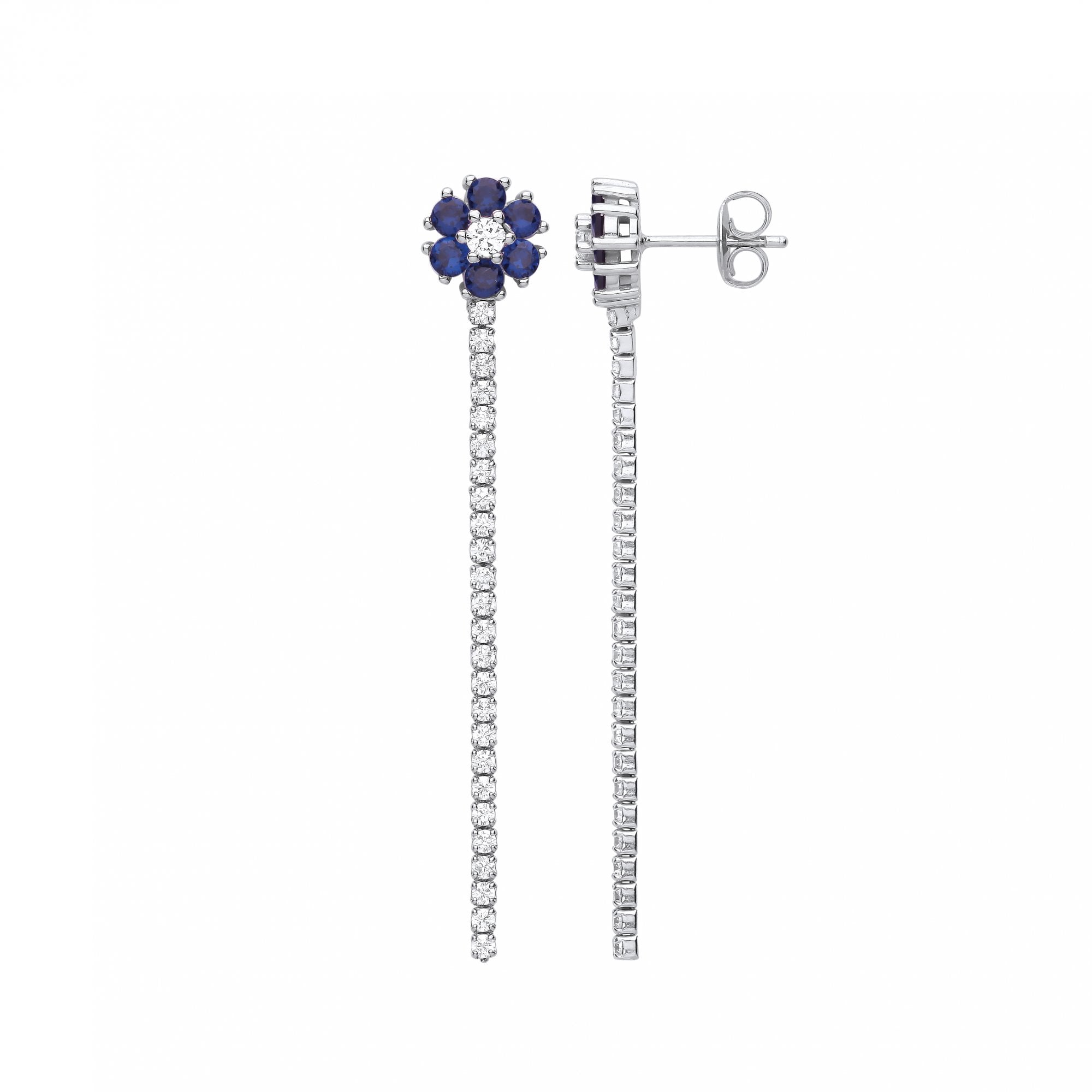 Silver CZ & Sapphire Chain Line Drop Earrings
