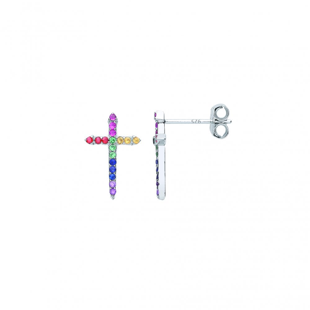 Silver CZ Multi Colour Cross Stud Earrings