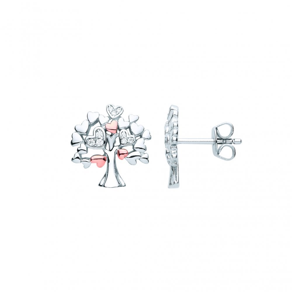 Silver & Rose Gold Plated CZ hHeart Tree Of Life Earrings
