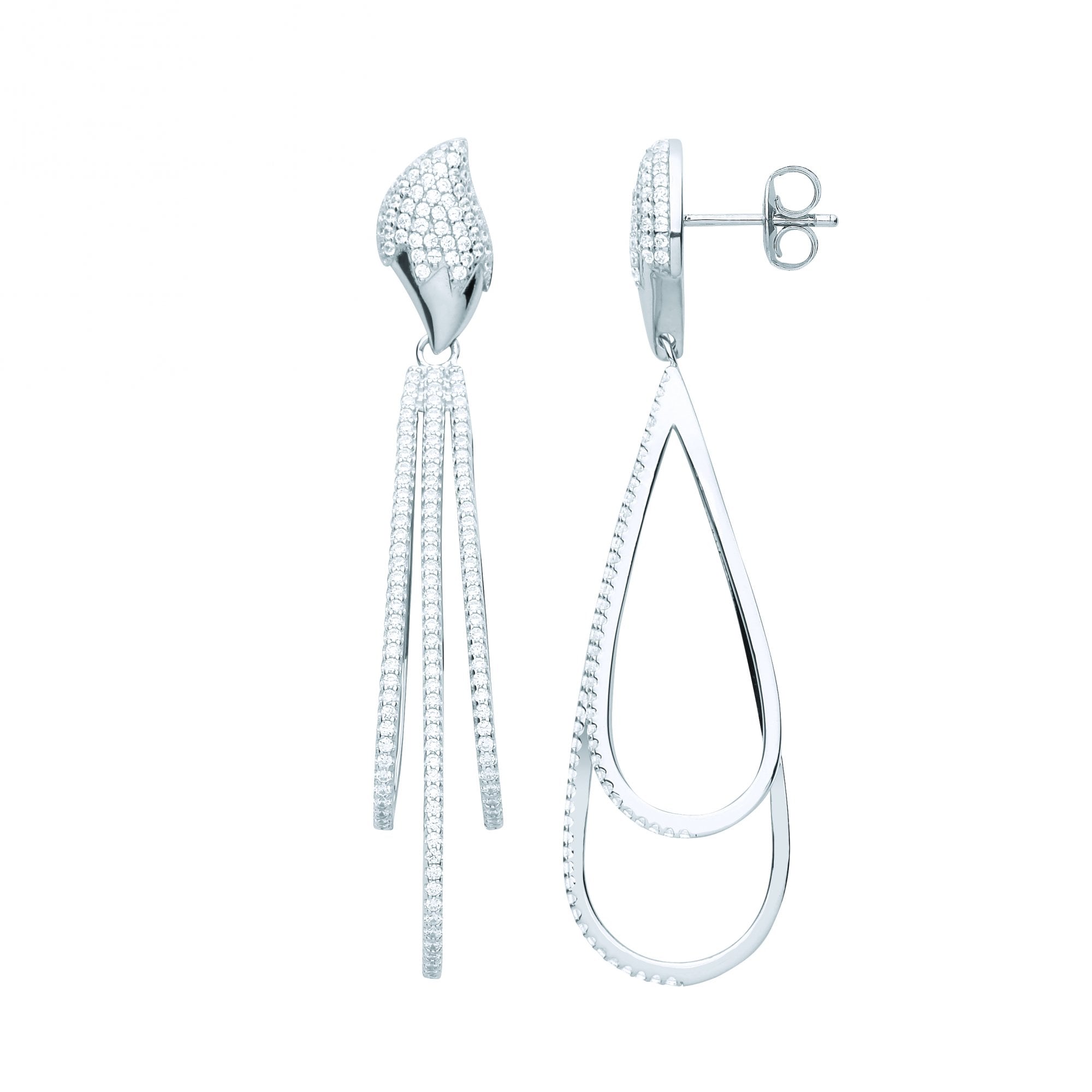 Silver CZ Pave Set Triple Line Pear Shape Drop Earrings