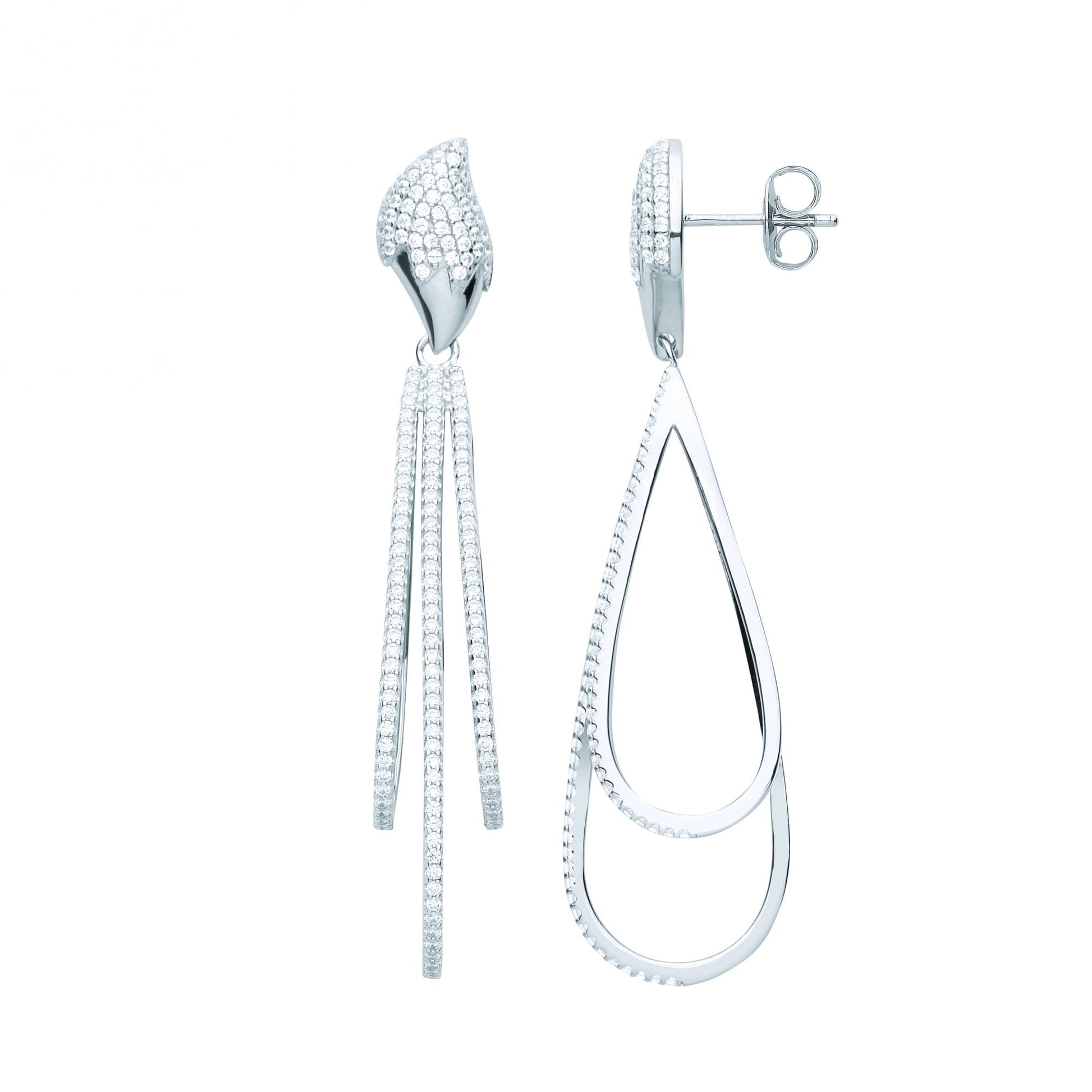 Silver CZ Pave Set Triple Line Pear Shape Drop Earrings