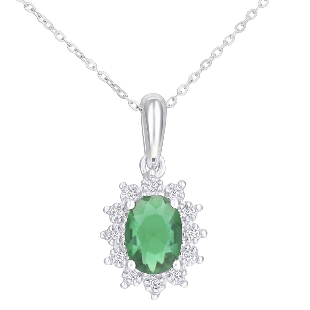 SPARKLD 18ct White Gold Emerald and Diamond Cluster Pendant