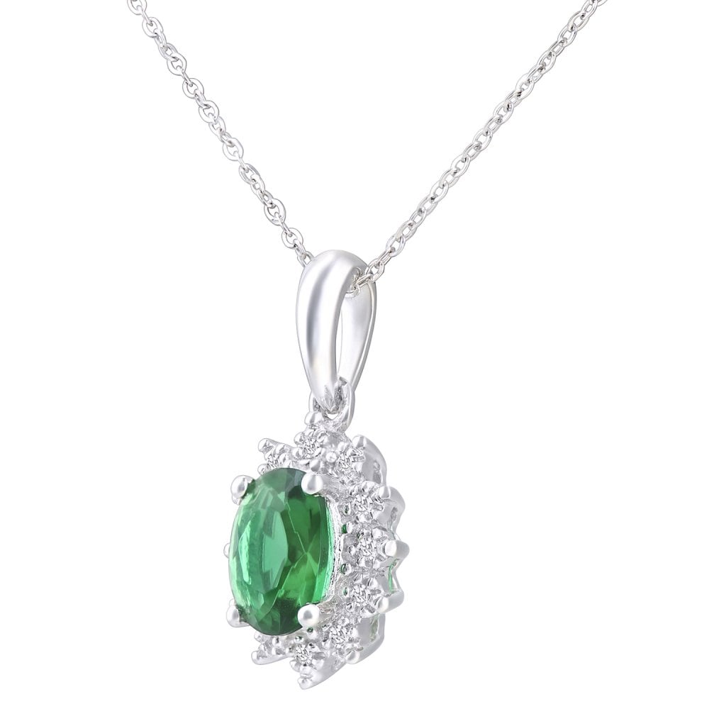 SPARKLD 18ct White Gold Emerald and Diamond Cluster Pendant