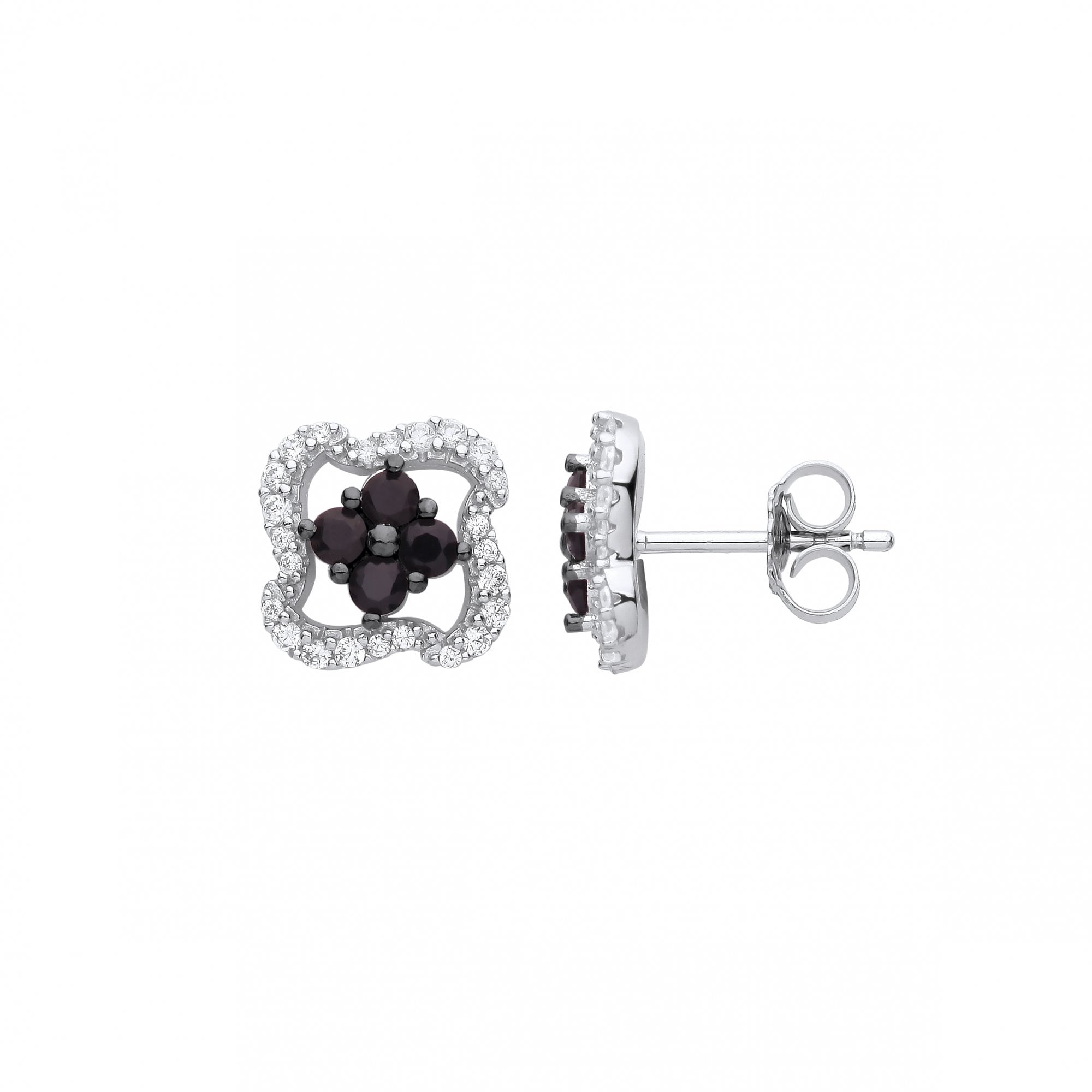Silver CZ & Black CZ Fancy Stud Earrings