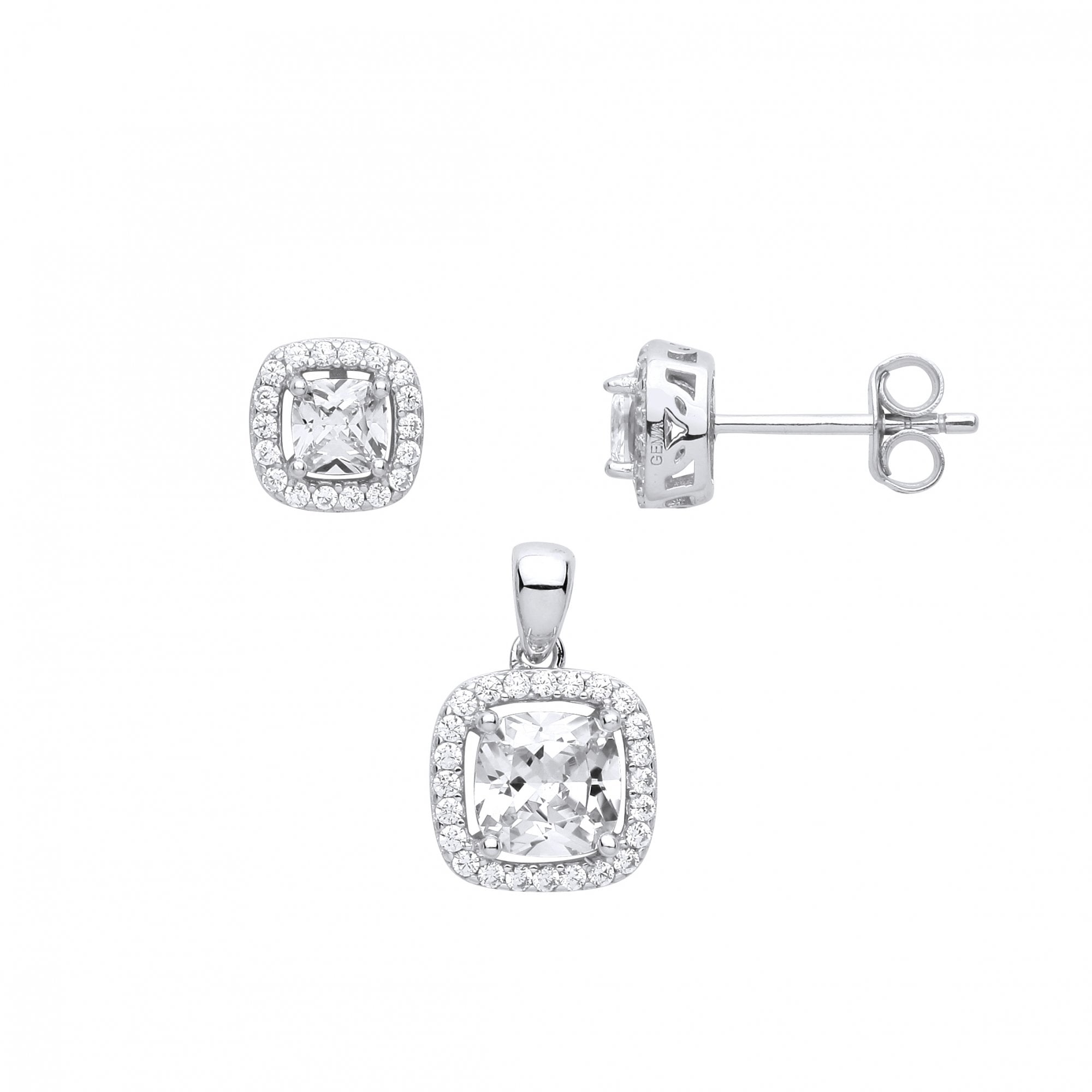 Silver CZ & Square Stud Earring & Pendant Set