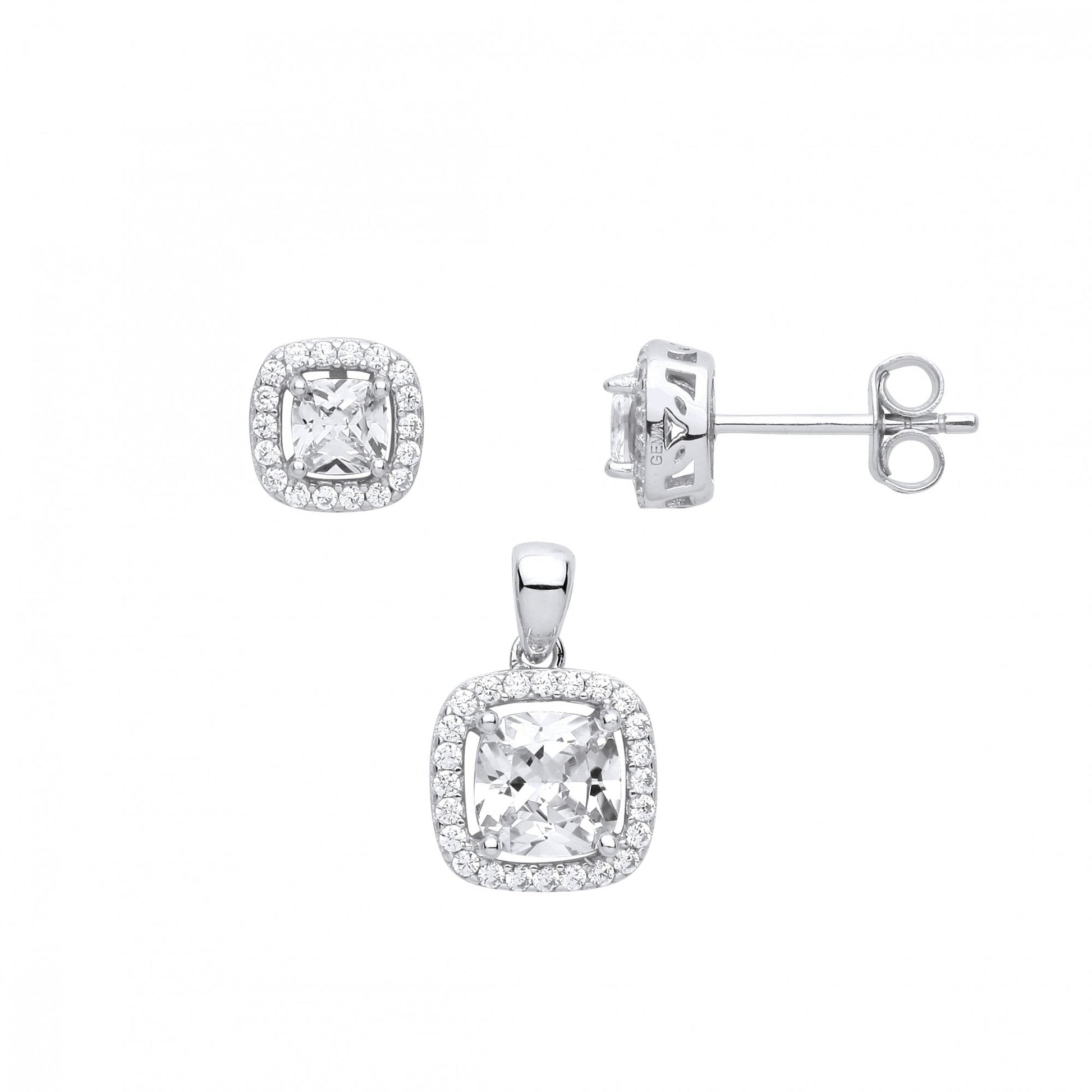 Silver CZ & Square Stud Earring & Pendant Set