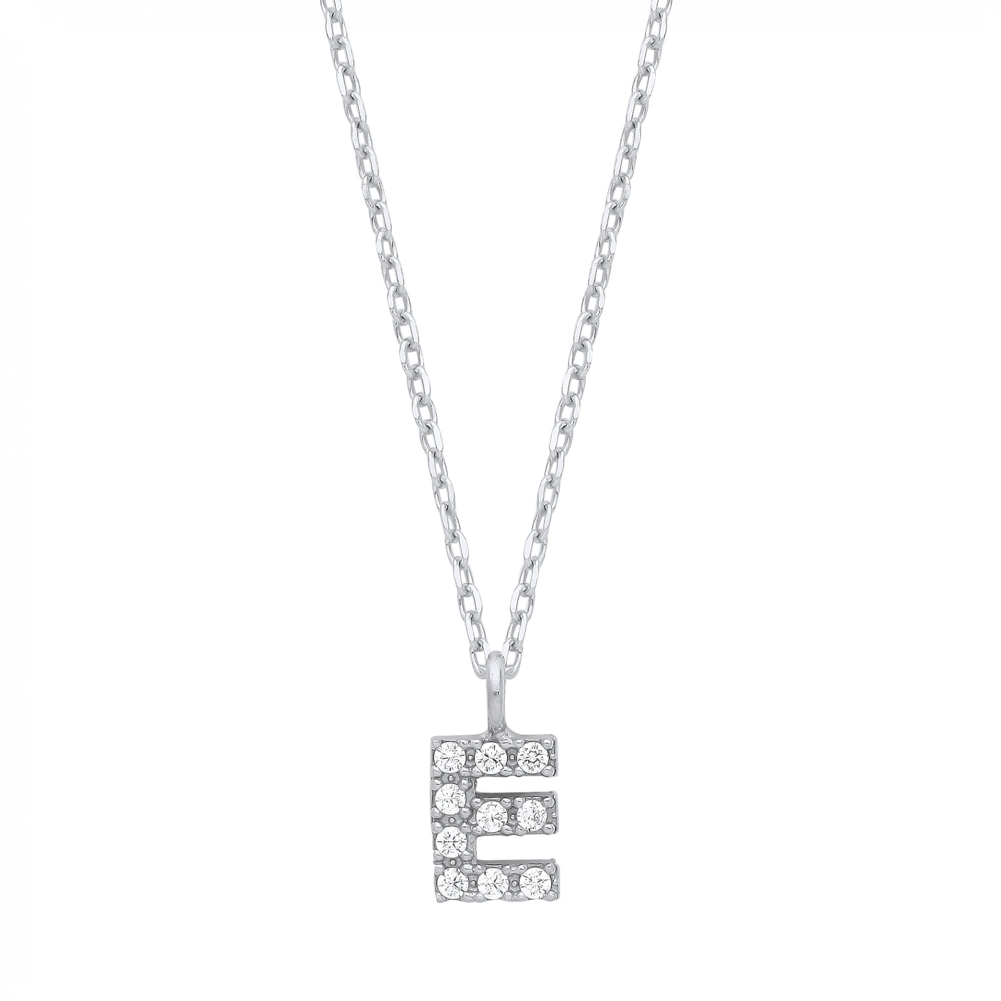 Silver CZ Initial 'E' Pendant With A Fine Belcher Chain