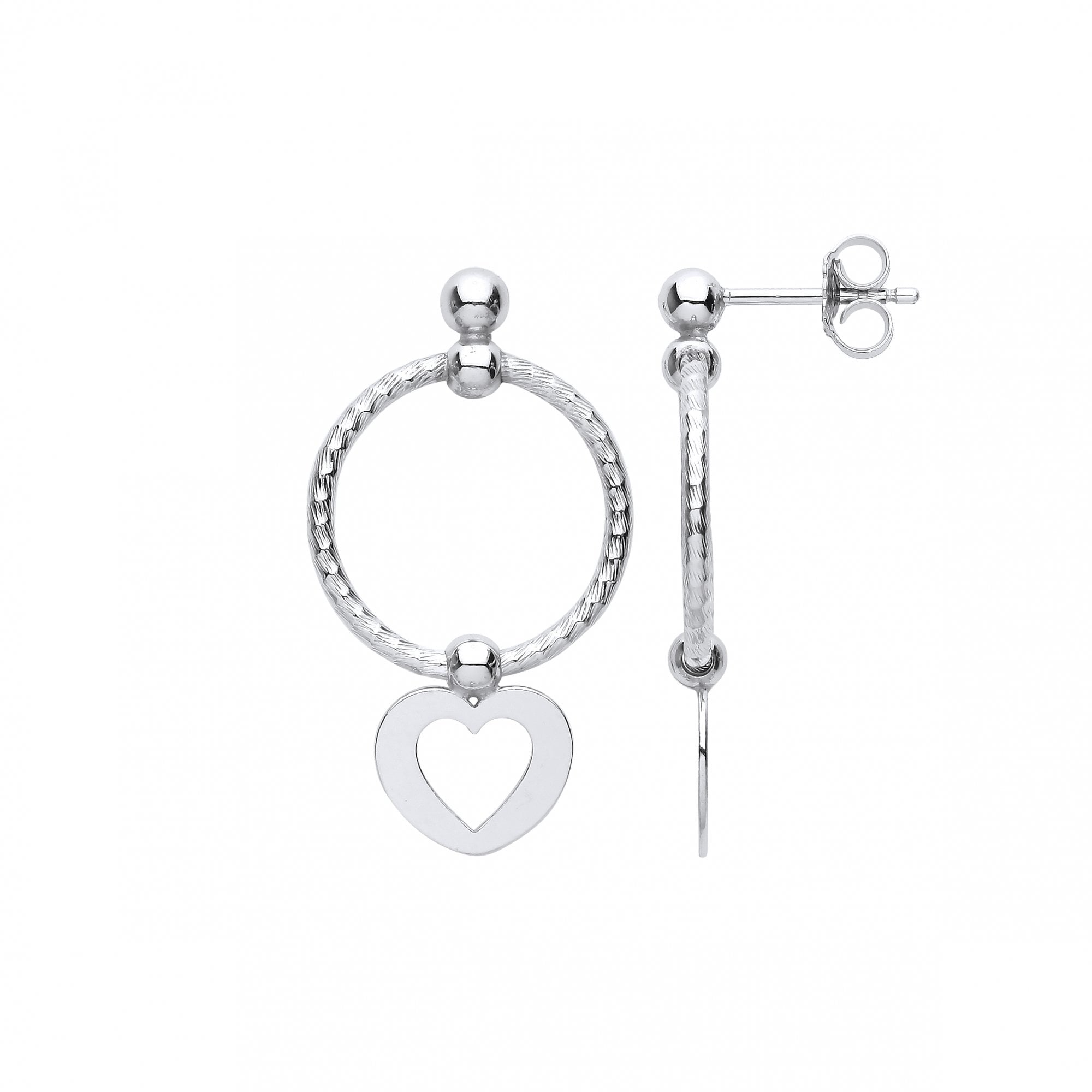 Silver Twist Hoop Drop Earring With Dangling Heart Charm