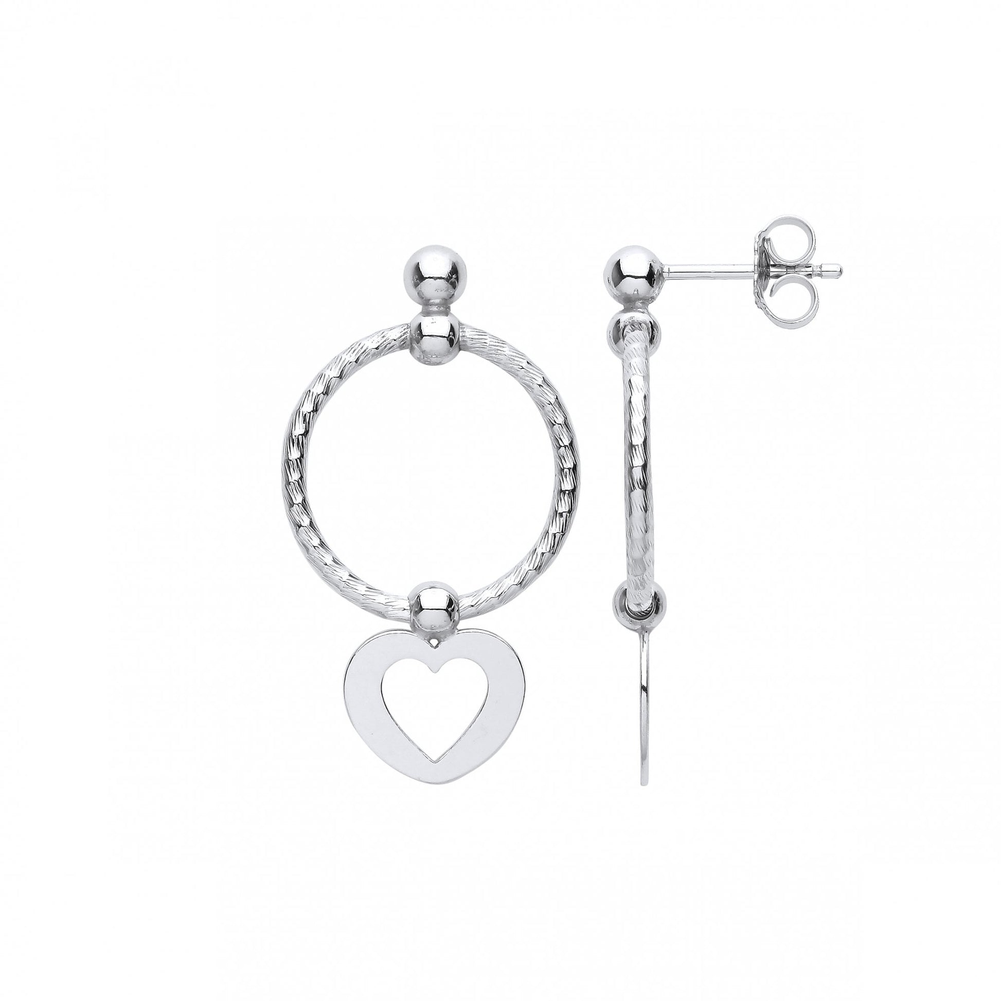 Silver Twist Hoop Drop Earring With Dangling Heart Charm