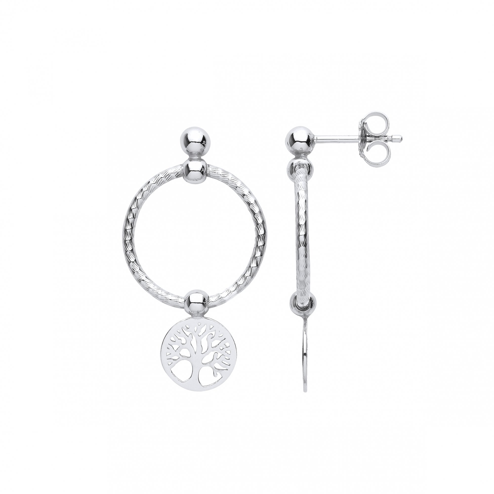 Silver Twist Hoop Drop Earring With Tree Of Life Charm