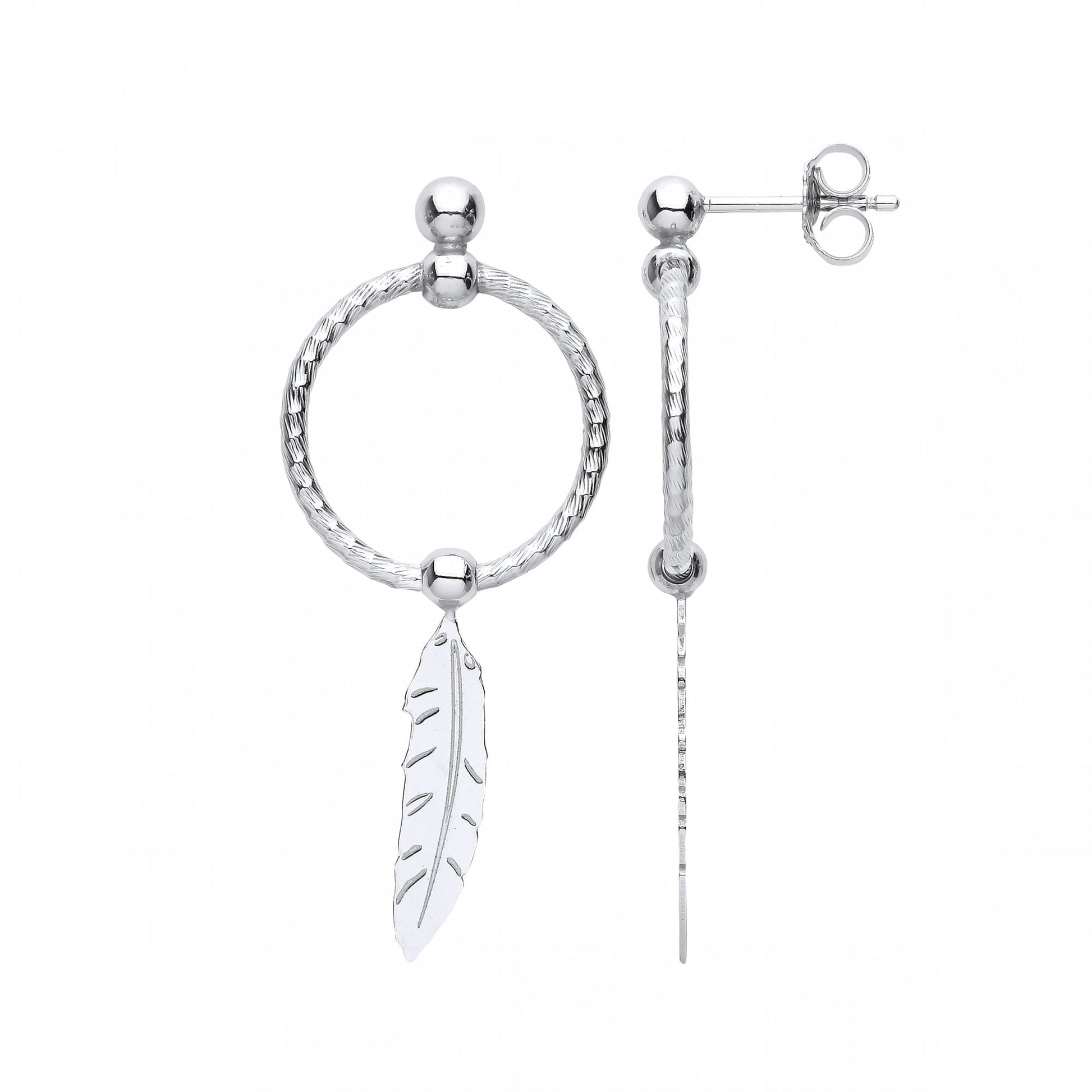 Silver Twist Hoop Drop Earring With Dangling Leaf Charm