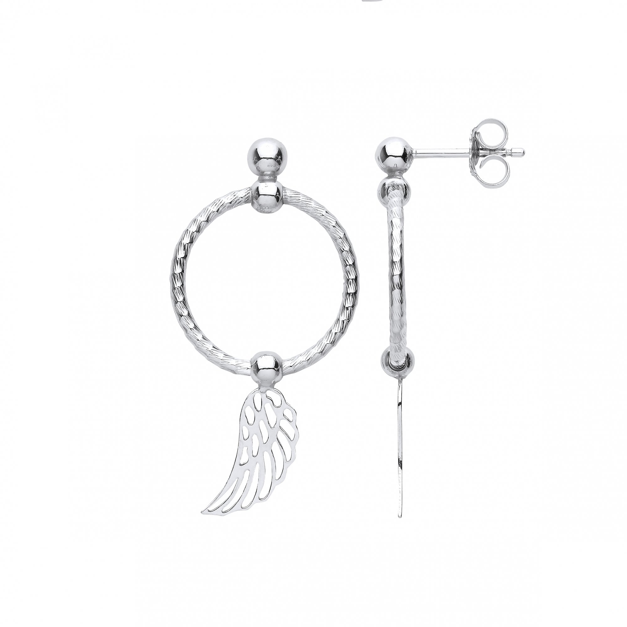 Silver Twist Hoop Drop Earring With Angel Wing Charm