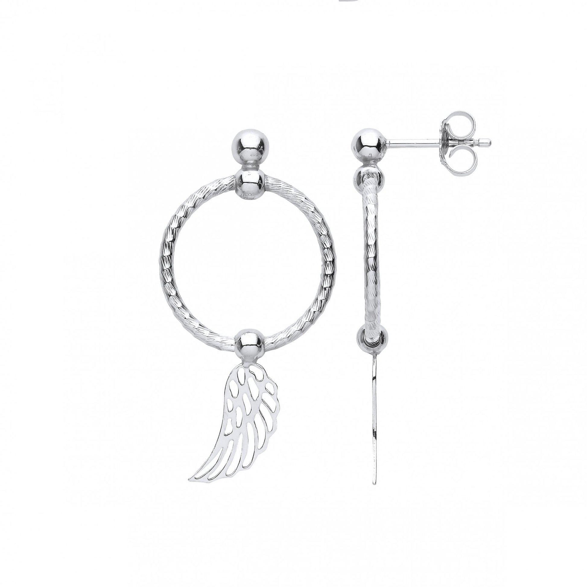 Silver Twist Hoop Drop Earring With Angel Wing Charm