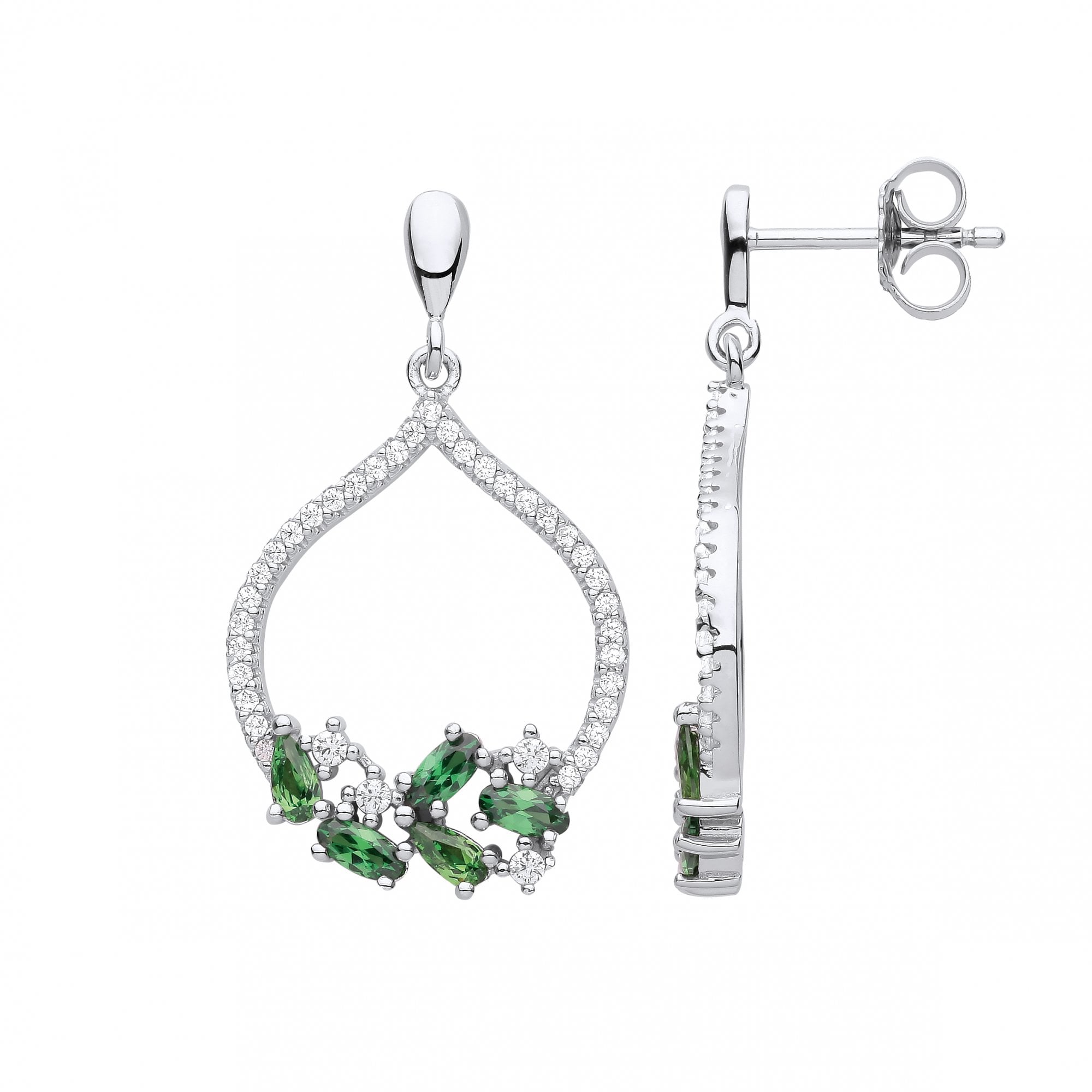 Silver CZ & Emerald Fancy Drop Earrings