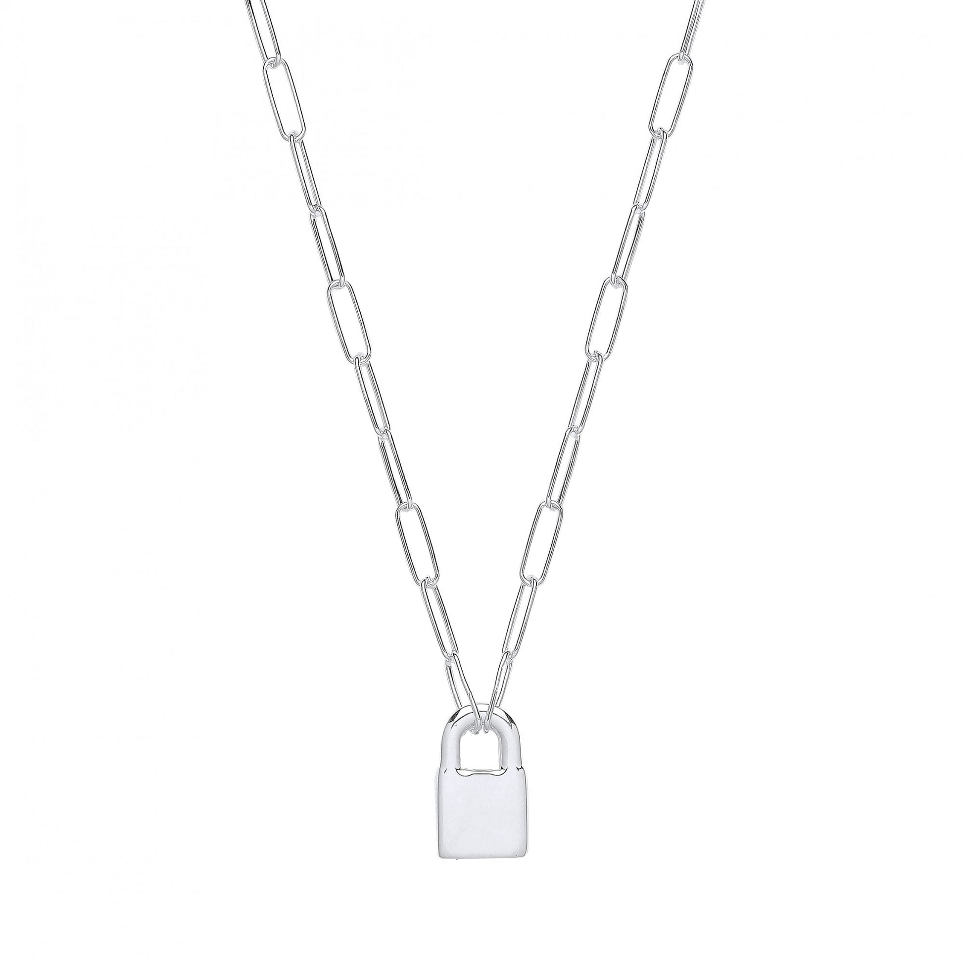 Silver Paper Link Chain With Padlock Pendant