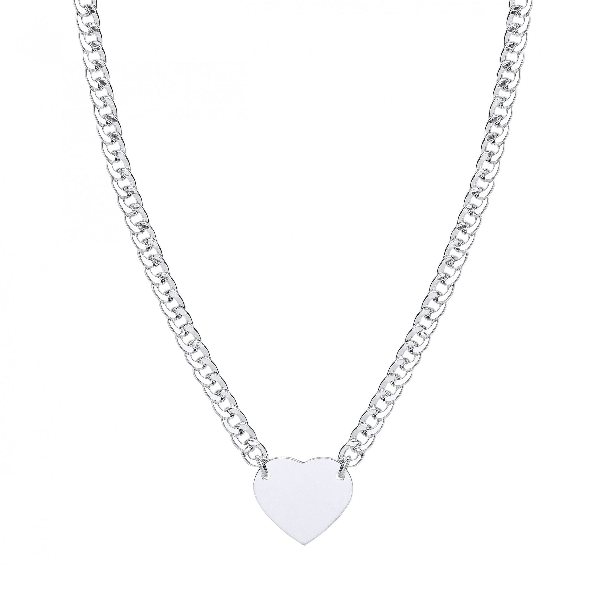 Silver Cuban Curb Chain With Heart Tag Pendant