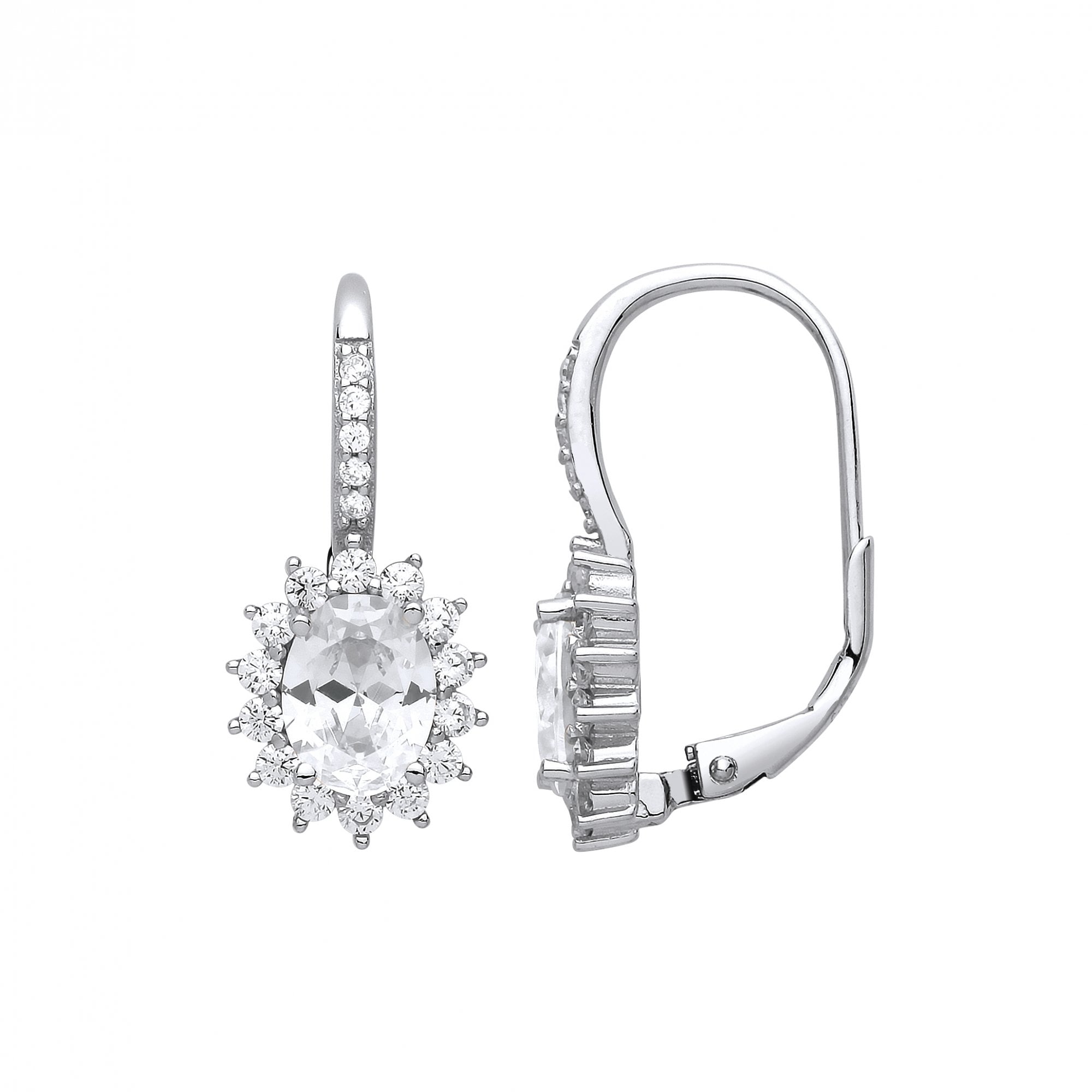 Silver Cubic Zirconia Cluster Oval Drop Earrings