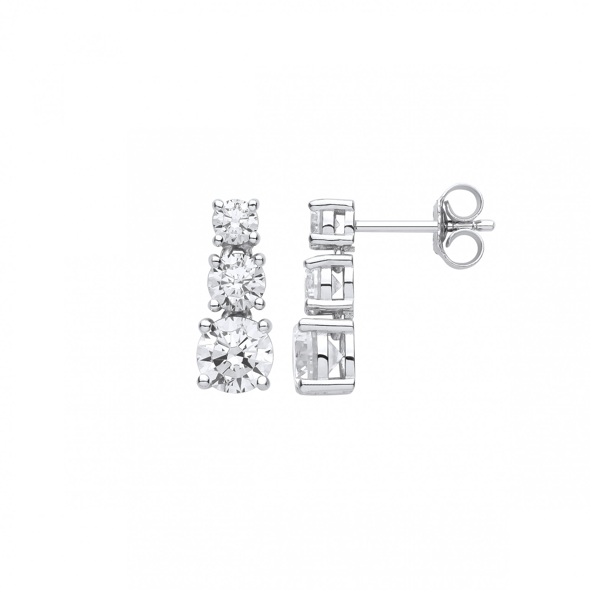 Silver Triple CZ Round Drop Earrings
