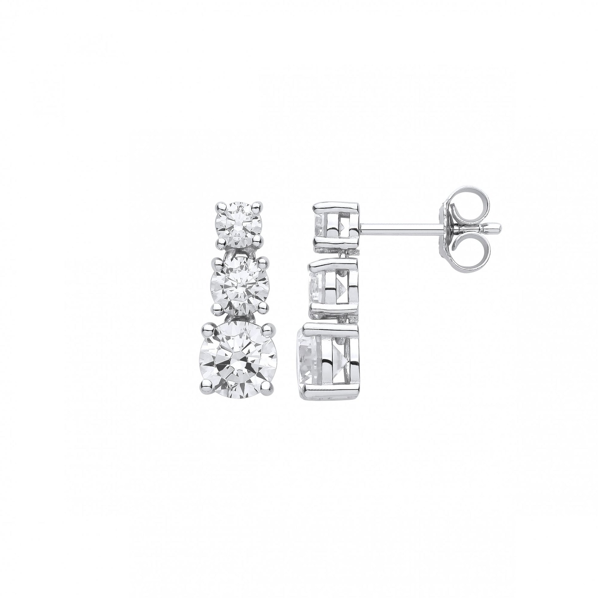 Silver Triple CZ Round Drop Earrings