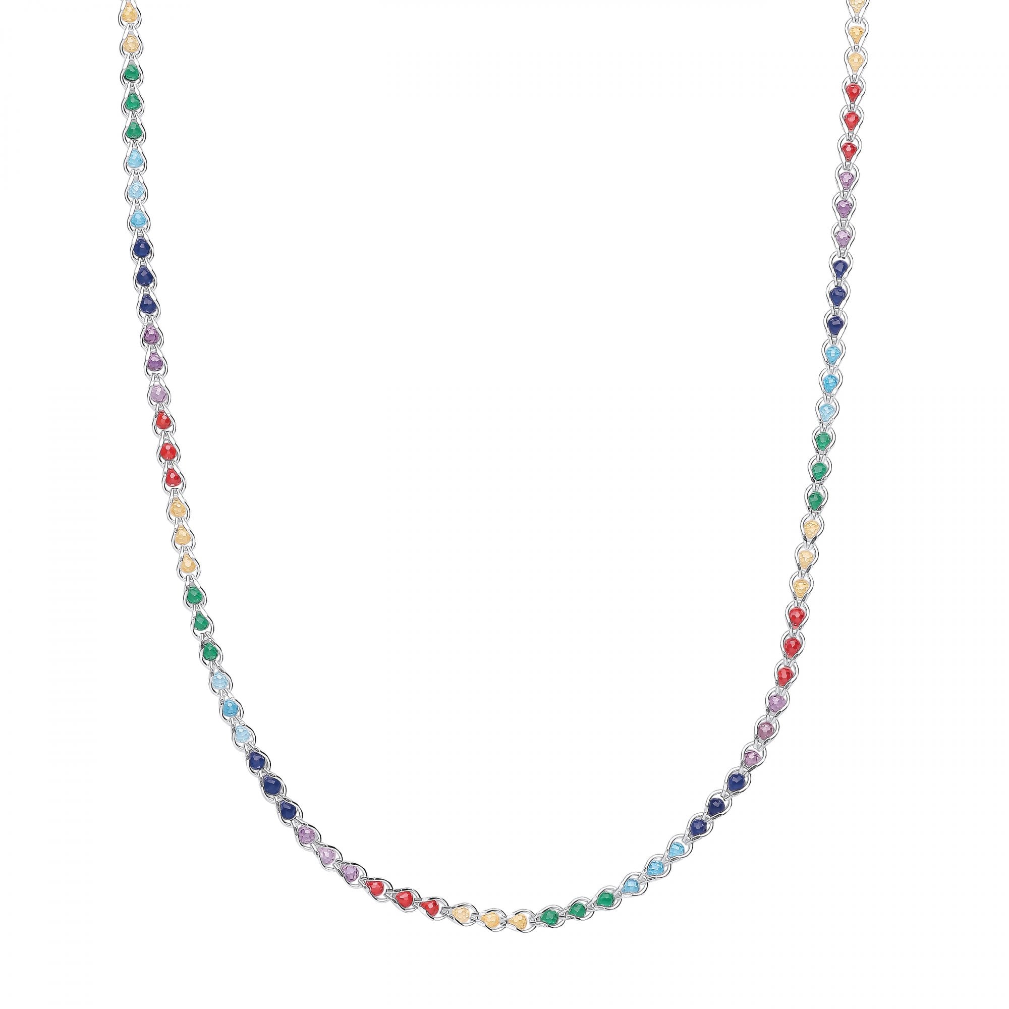 Silver Multicolour CZ Beaded Hoop Link 18" Necklace (+ext)