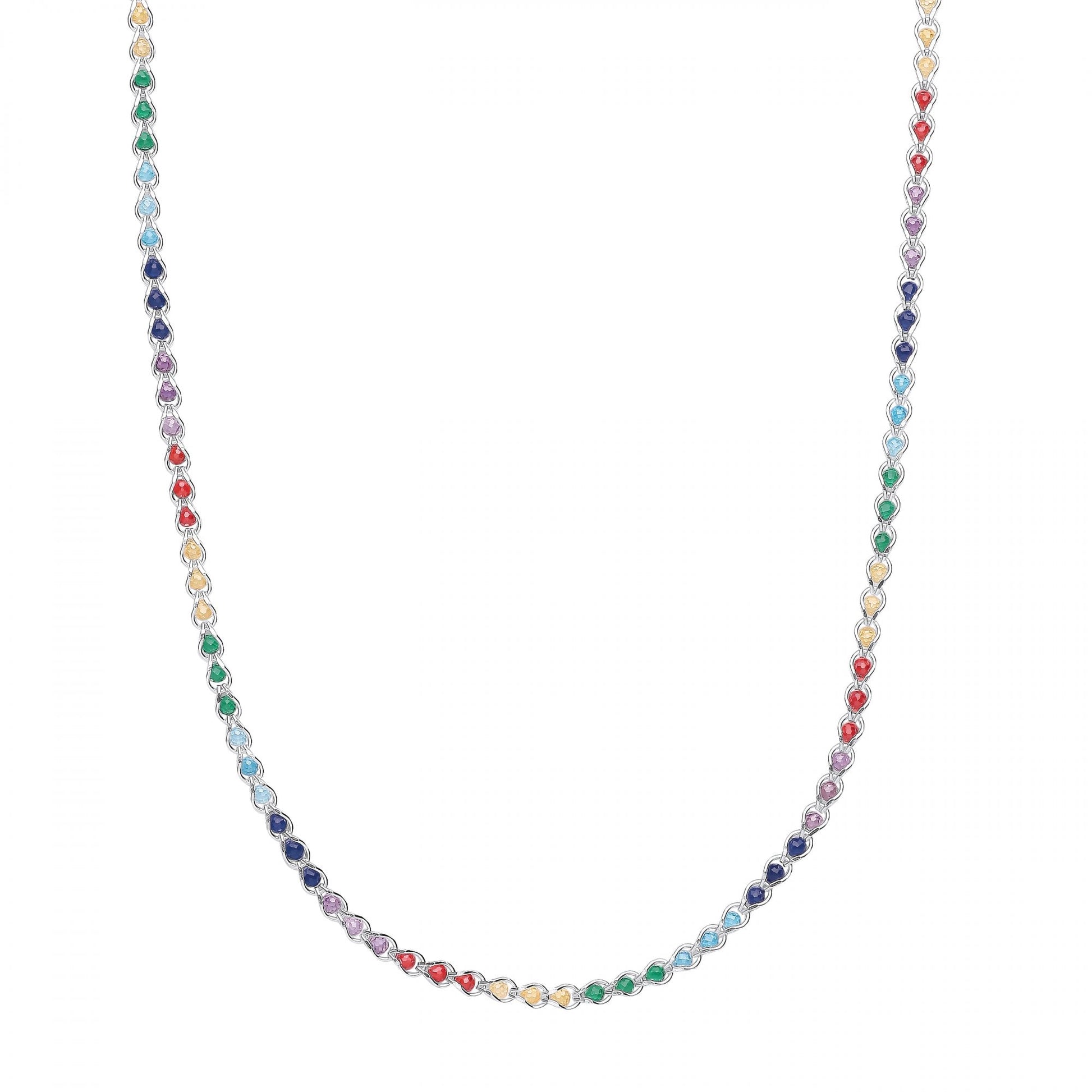 Silver Multicolour CZ Beaded Hoop Link 18" Necklace (+ext)