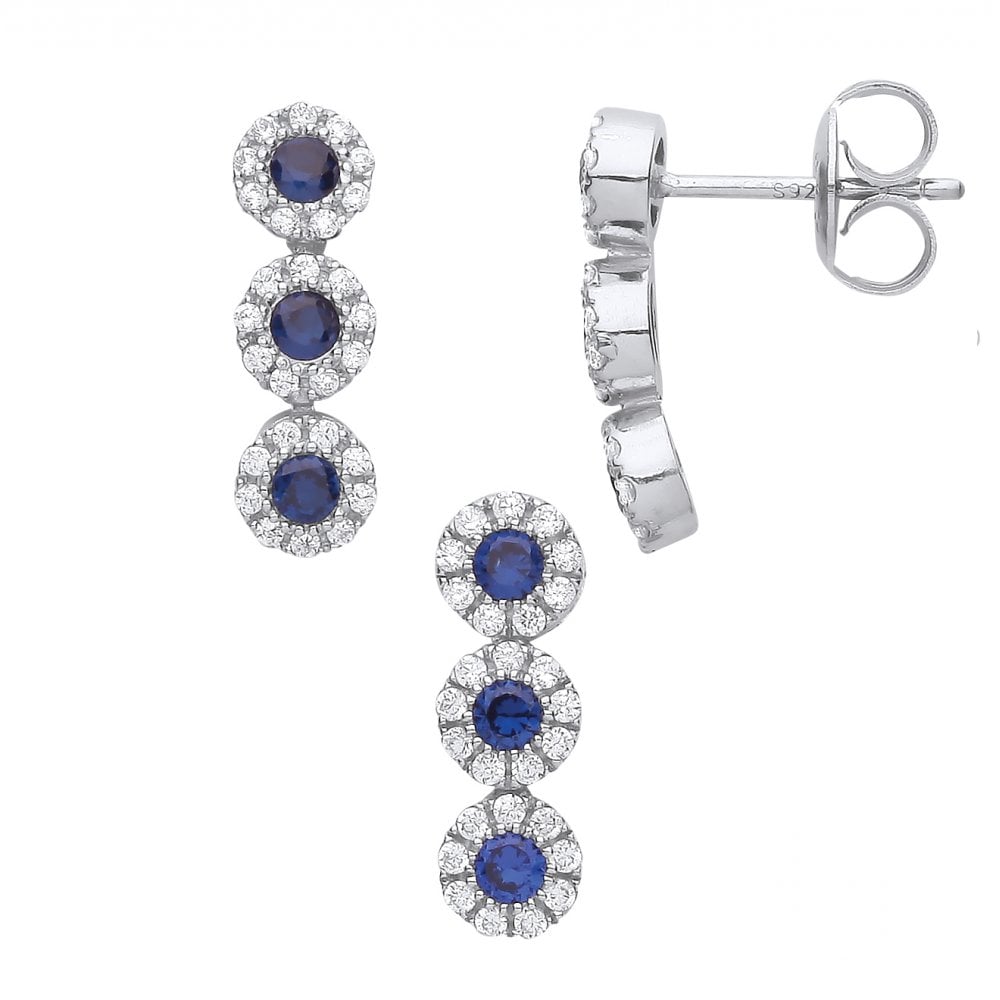 Silver Triple CZ & Sapphire Drop Earring & Pendant Set
