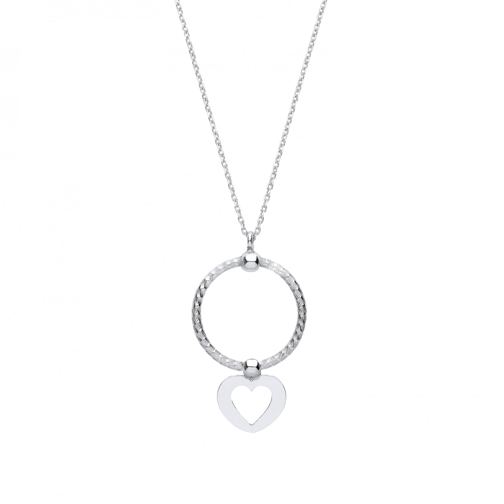 Silver Circle & Cutout Heart Pendant Necklace