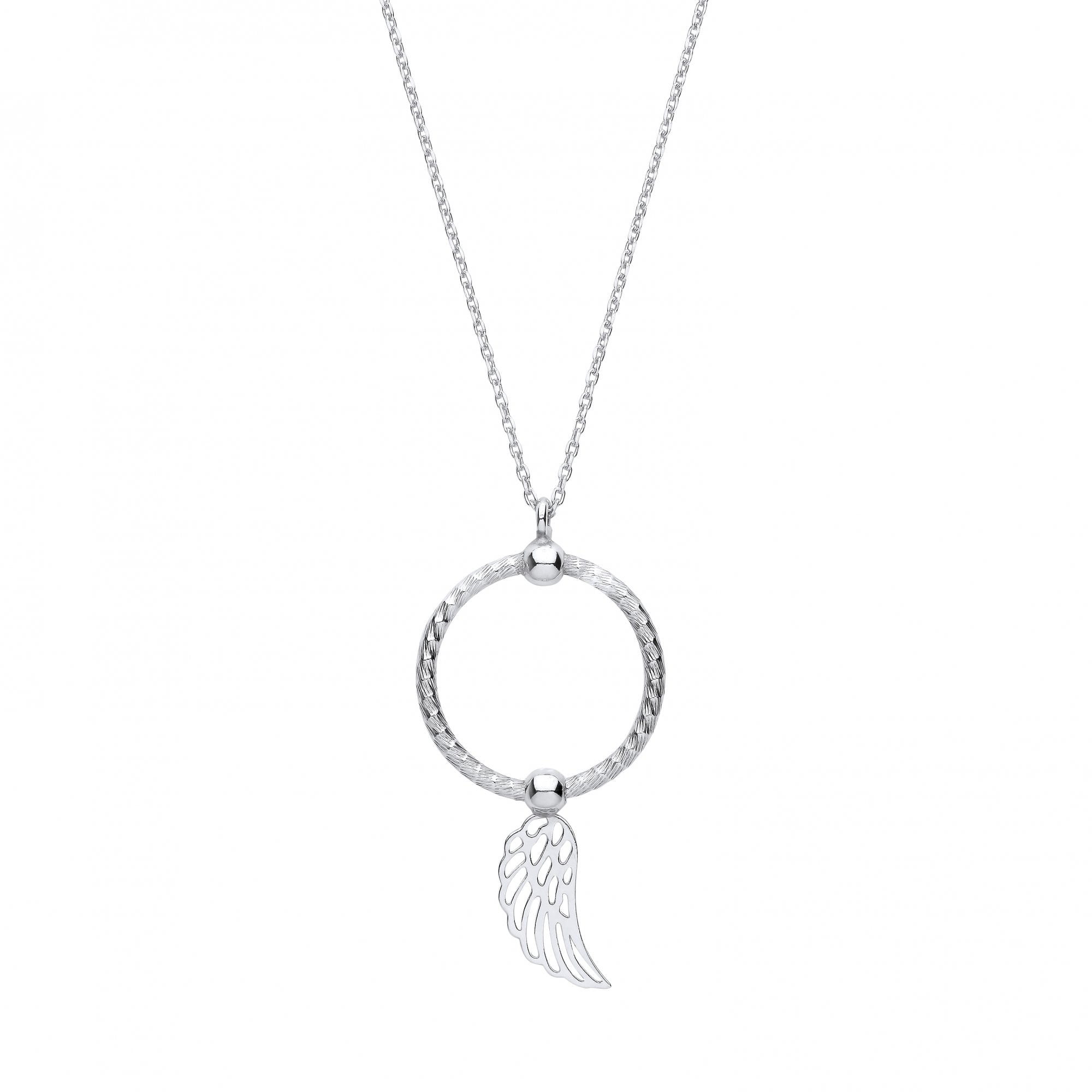 Silver Circle & Angel Wing Pendant Necklace