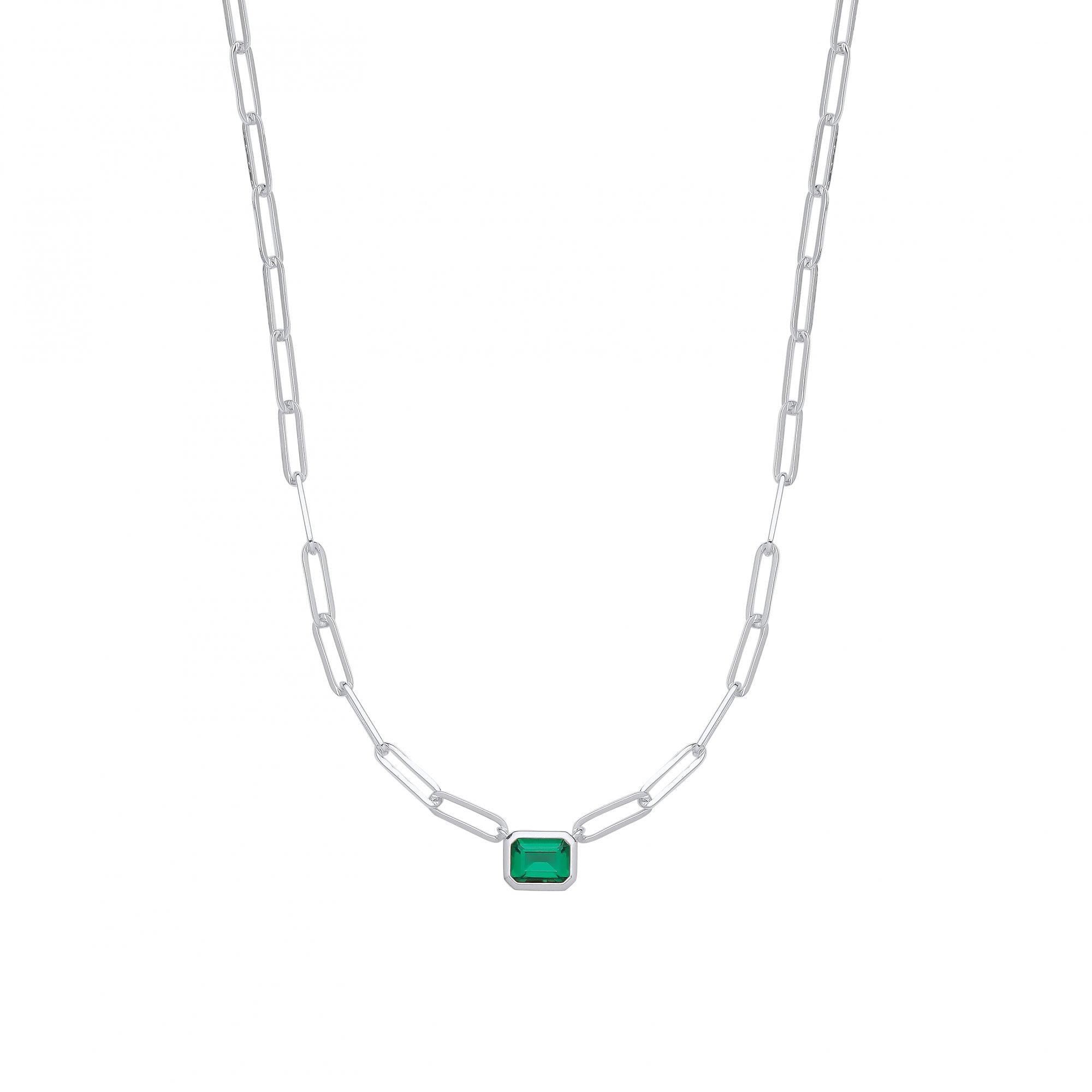 Silver Paper Link Emerald CZ Pendant Necklace