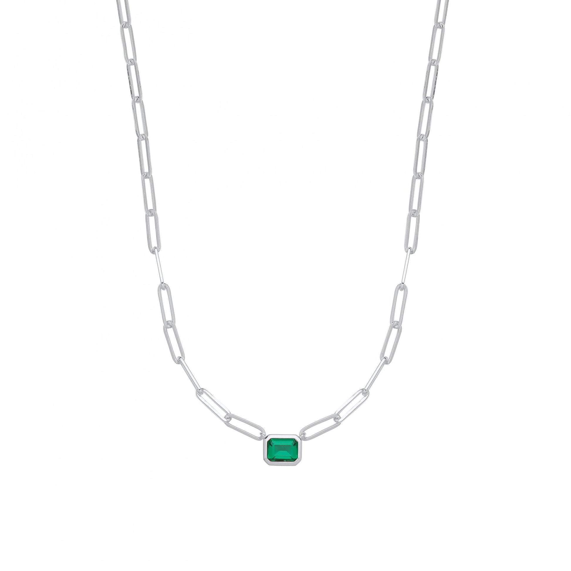 Silver Paper Link Emerald CZ Pendant Necklace
