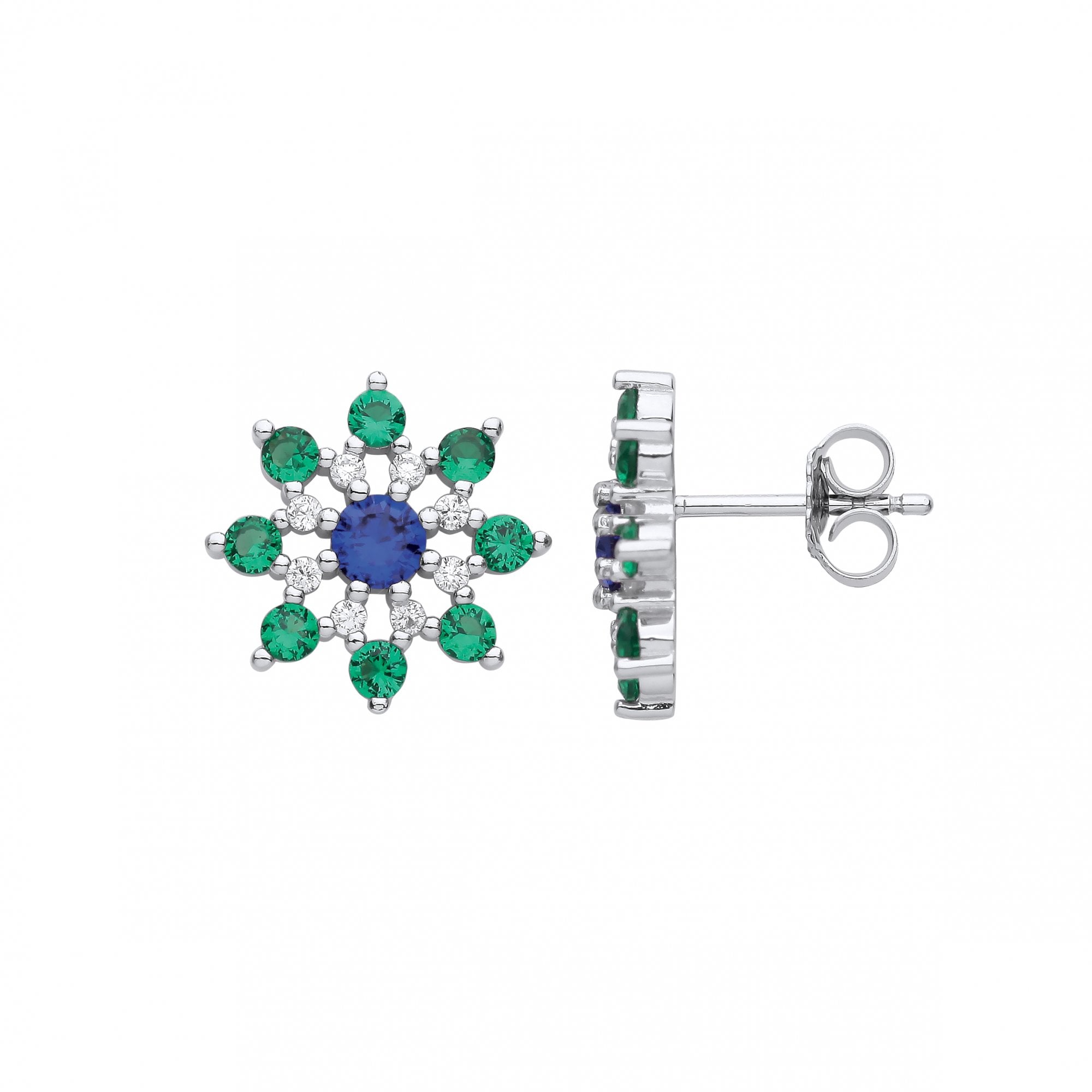 Silver CZ, Emerald & Saphire Snowflake Stud Earrings