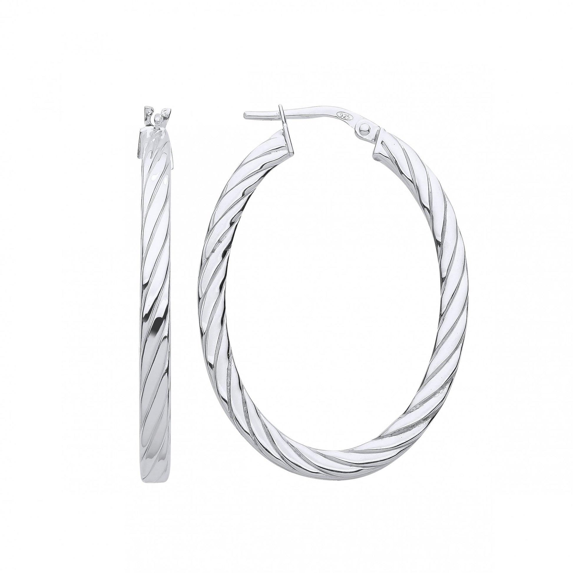 Silver Oval Flat Twisted Hoop Earrings