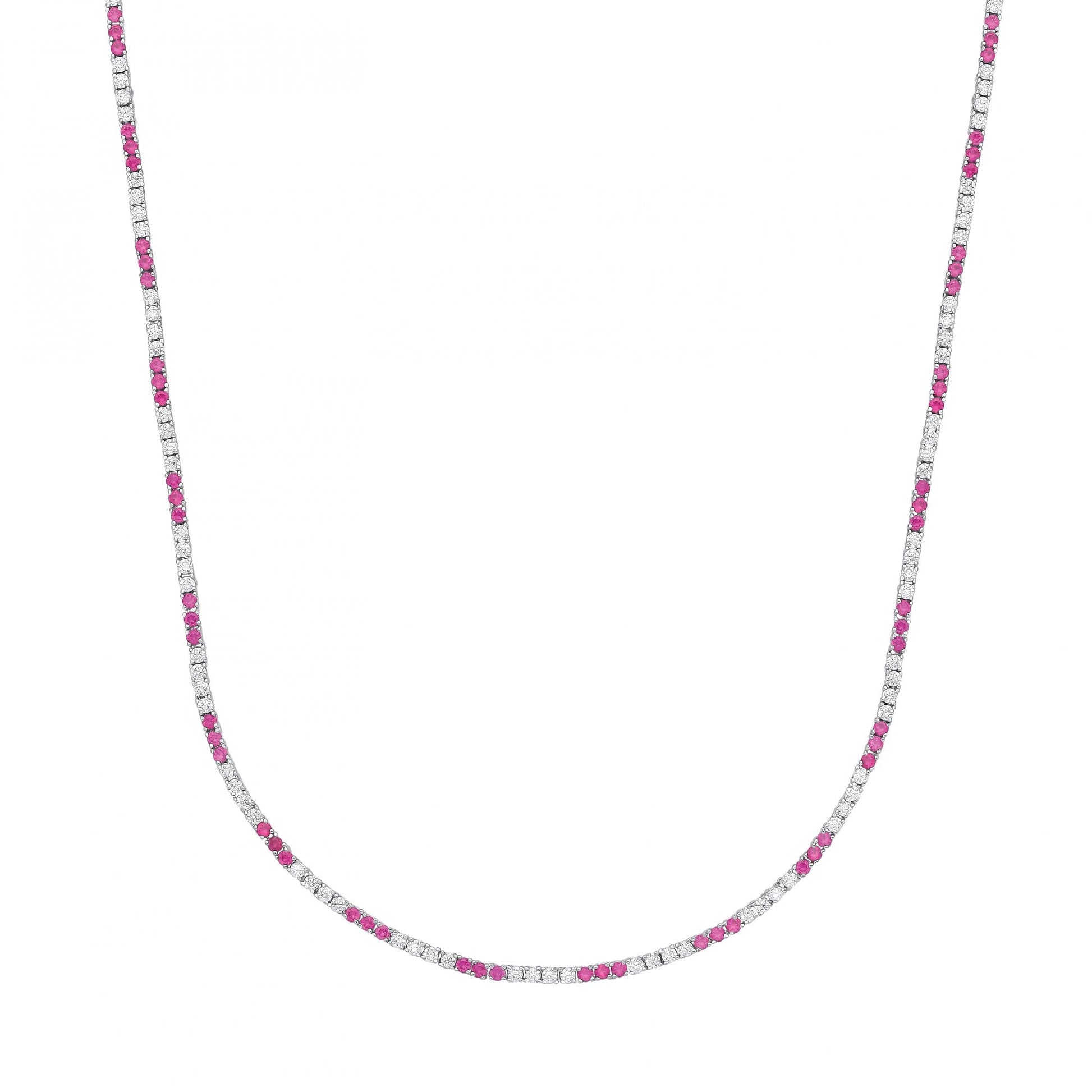 Silver CZ & Ruby Claw Set Tennis Necklace