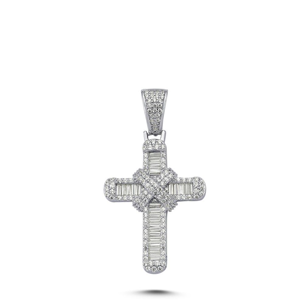 Silver CZ Fancy Baguette Cross Pendant