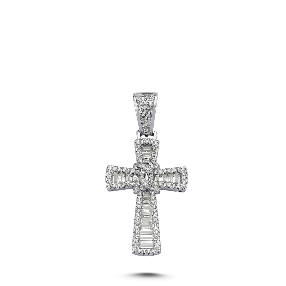 Silver CZ Fancy Baguette Cross Pendant