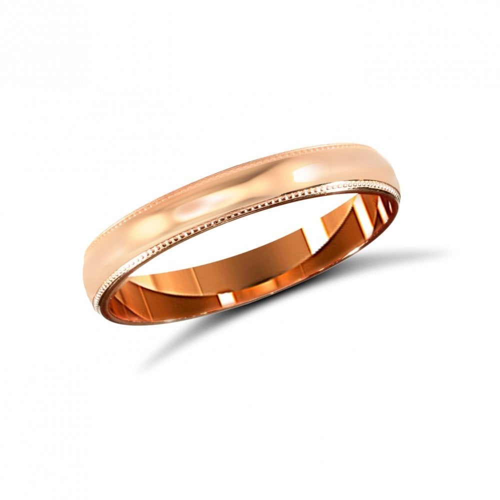 18ct Rose Gold 3mm Classic D-Shape Profile Mill Grain Wedding Ring